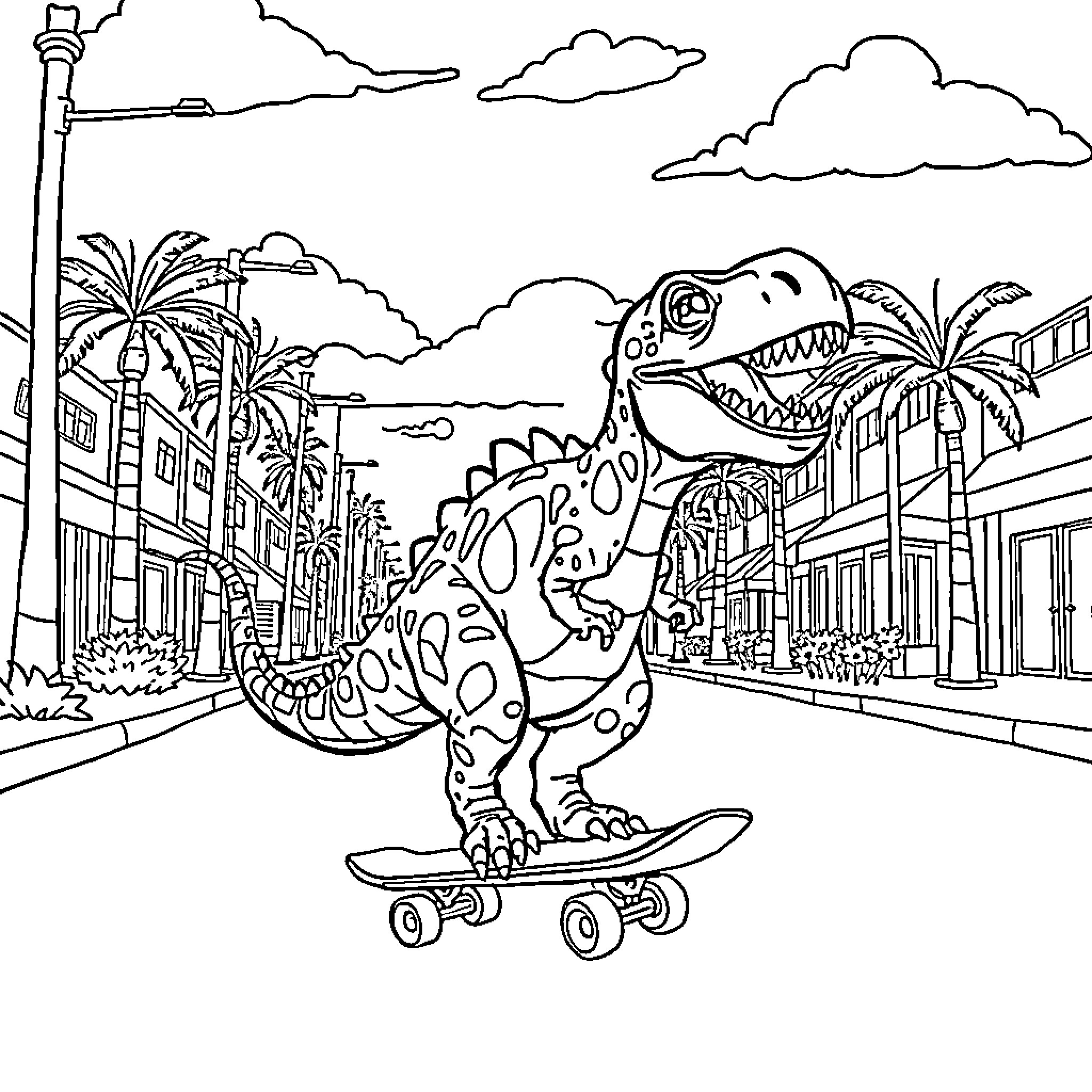 Dino skateboarder in tropical city landscape Coloring Page (free black-and-white line drawing printable PDF for all, from beginners to advanced learners, including children, teens, adults, and seniors)
