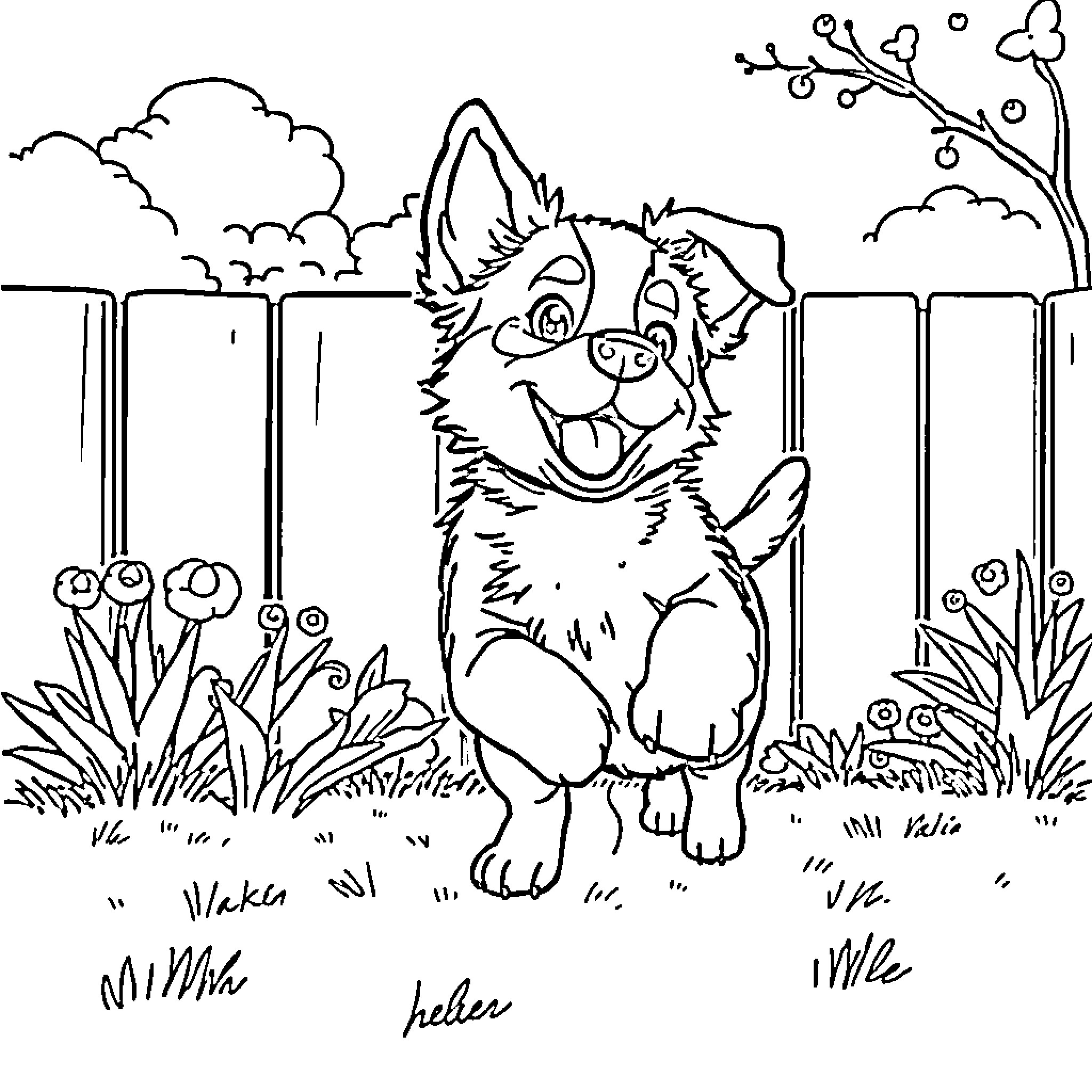 Bluey playing joyfully in the garden Coloring Page (free black-and-white line drawing printable PDF for all, from beginners to advanced learners, including children, teens, adults, and seniors)