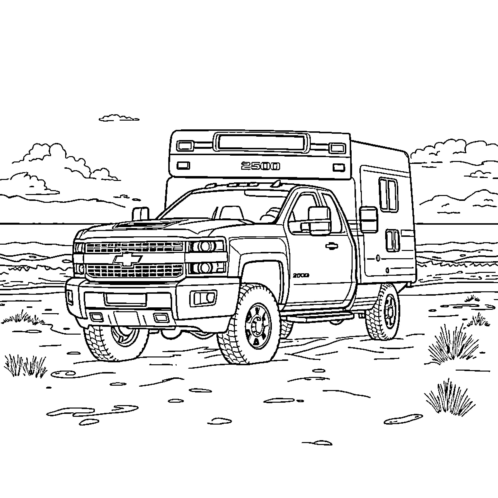 Chevrolet Truck and Camper Traversing Rugged Terrain Coloring Page (free black-and-white line drawing printable PDF for all, from beginners to advanced learners, including children, teens, adults, and seniors)