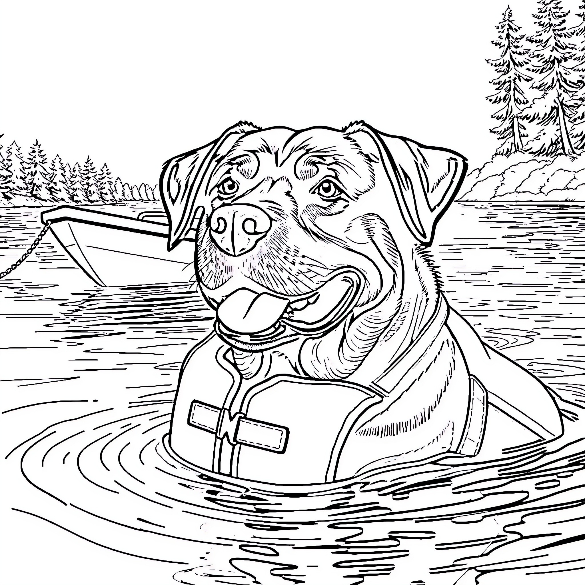 Rottweiler swimming happily in the lake Coloring Page (free black-and-white line drawing printable PDF for all, from beginners to advanced learners, including children, teens, adults, and seniors)