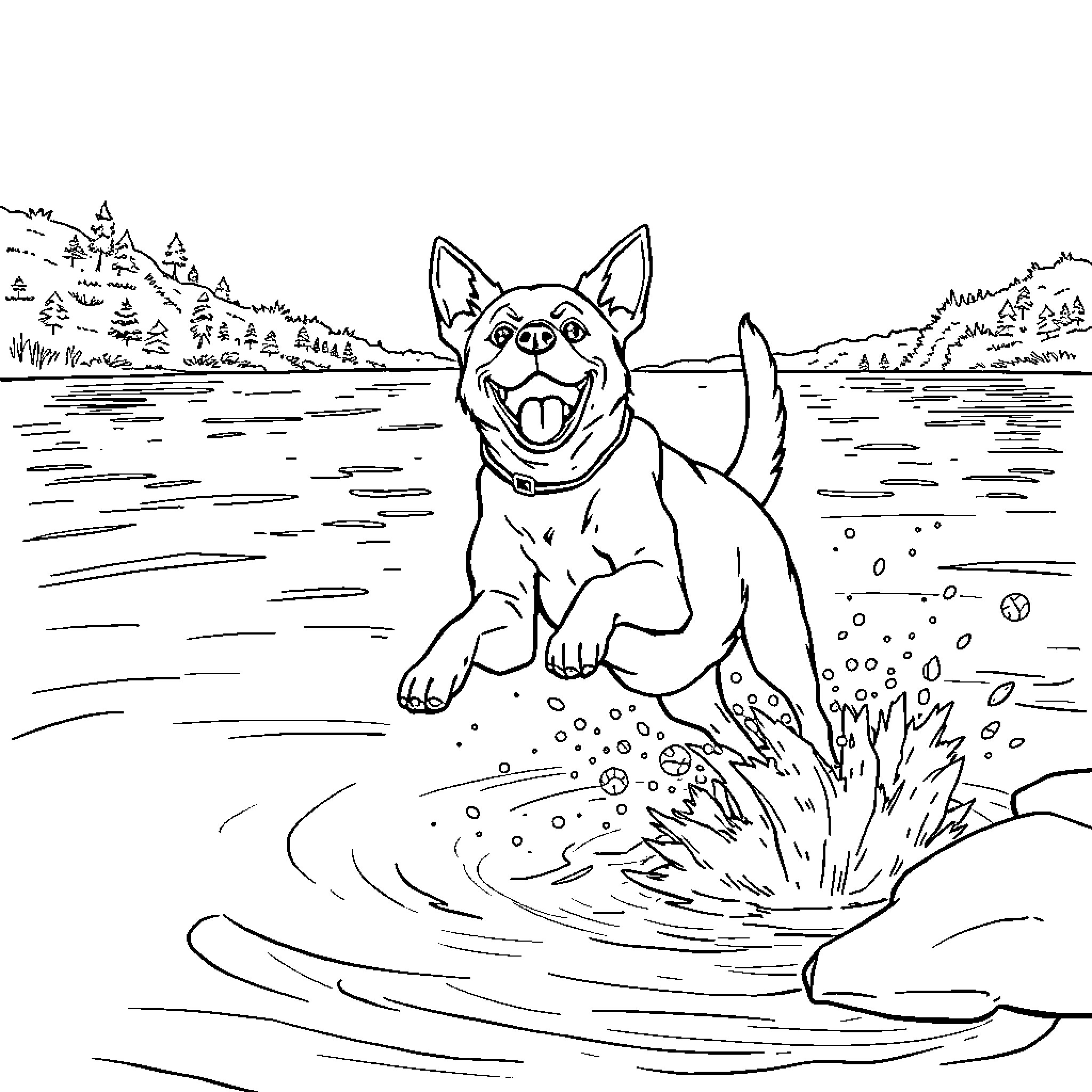 Dog splashing happily in the lake Coloring Page (free black-and-white line drawing printable PDF for all, from beginners to advanced learners, including children, teens, adults, and seniors)
