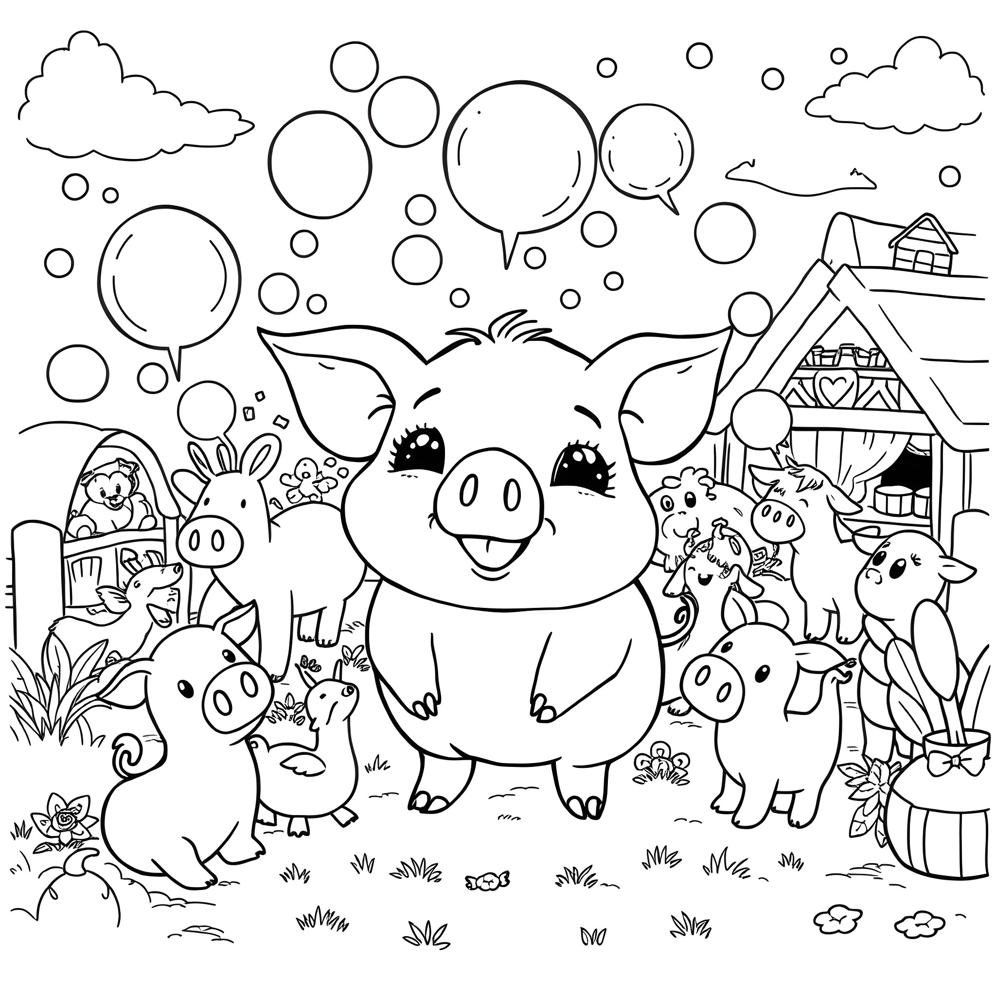 Pig enjoying a playful day with friends in the countryside Coloring Page (free black-and-white line drawing printable PDF for all, from beginners to advanced learners, including children, teens, adults, and seniors)
