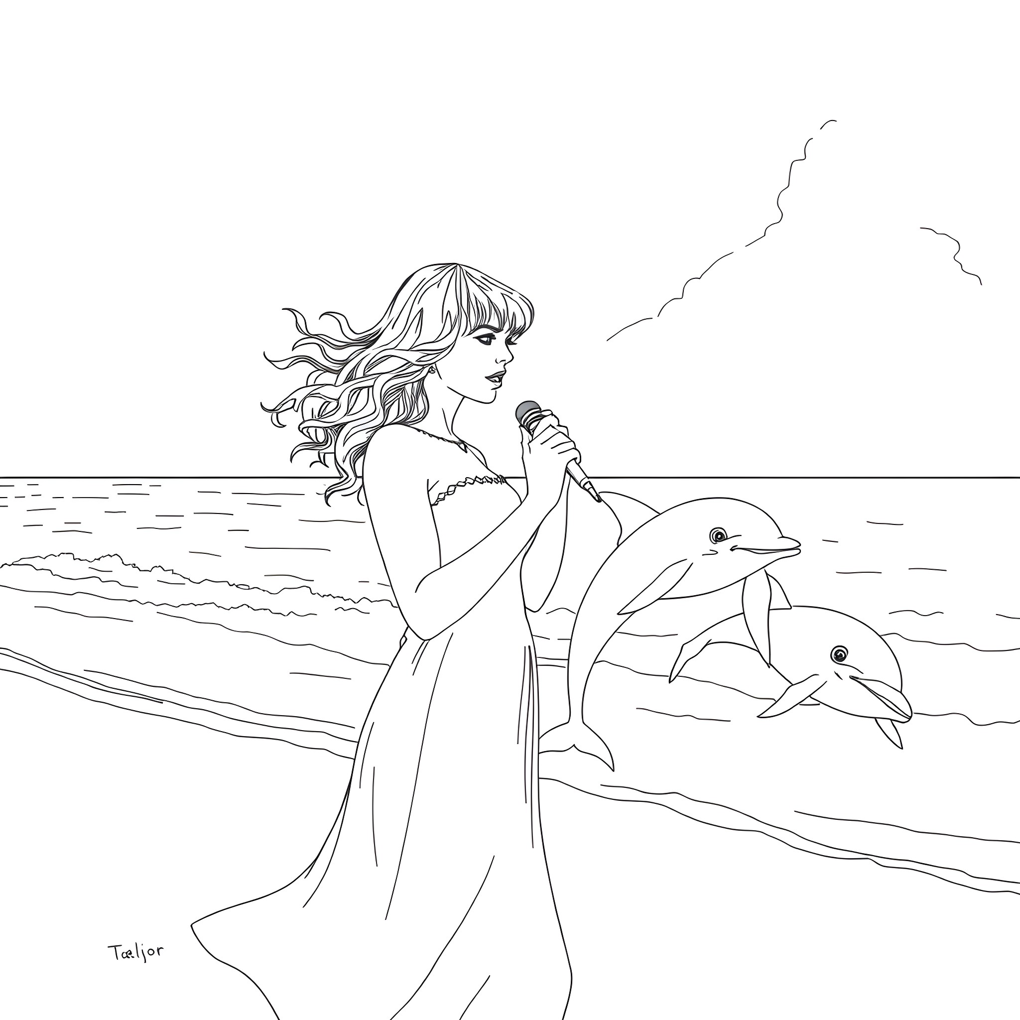 Taylor Swift enjoying the ocean with dolphins Coloring Page (free black-and-white line drawing printable PDF for all, from beginners to advanced learners, including children, teens, adults, and seniors)