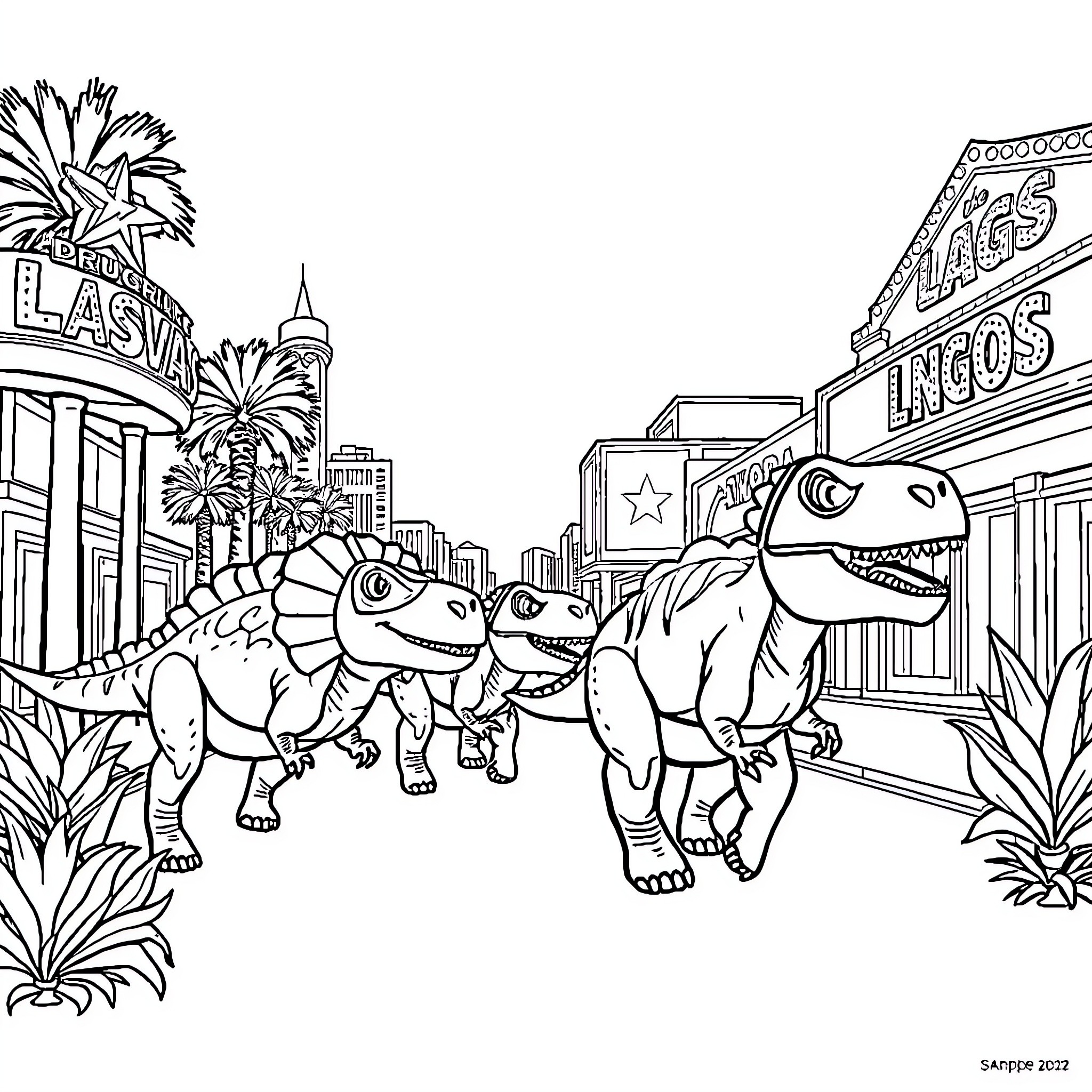 Dinosaur family exploring a city at night Coloring Page (free black-and-white line drawing printable PDF for all, from beginners to advanced learners, including children, teens, adults, and seniors)