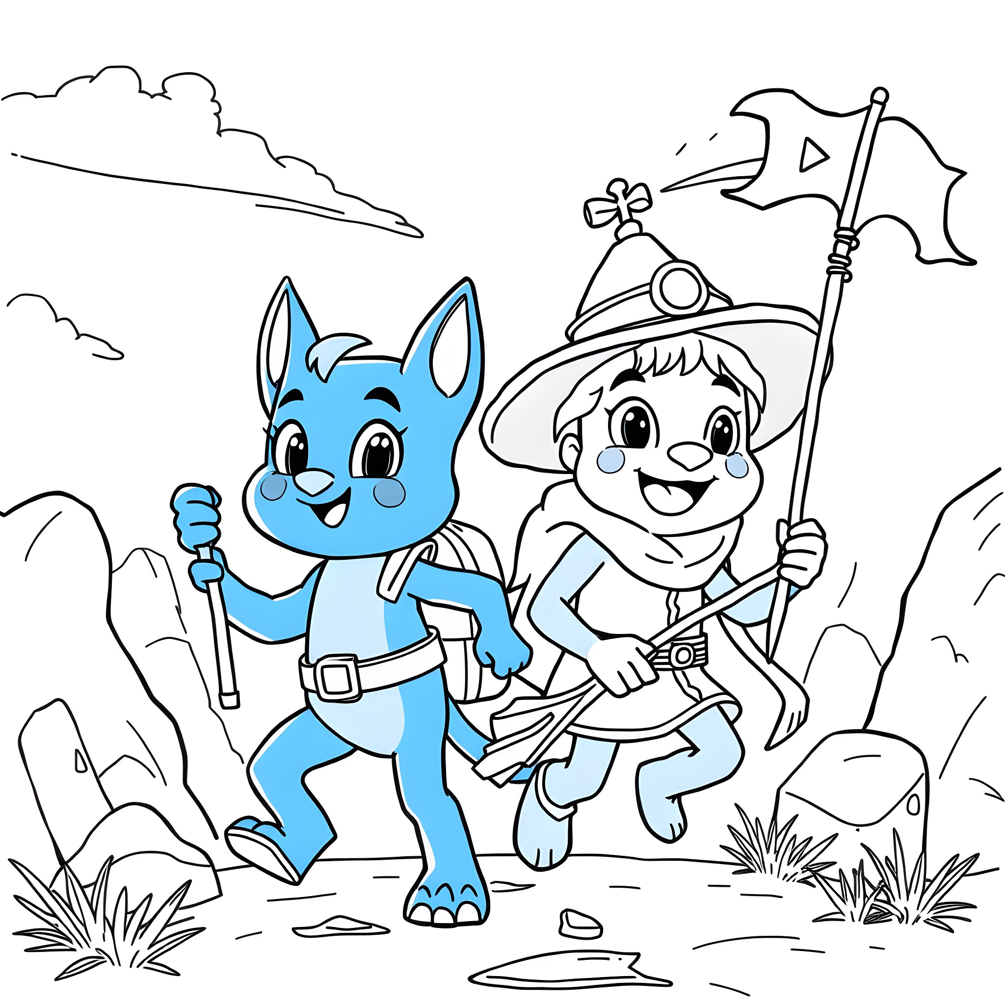 Bluey and friend exploring the outdoors Coloring Page (free black-and-white line drawing printable PDF for all, from beginners to advanced learners, including children, teens, adults, and seniors)