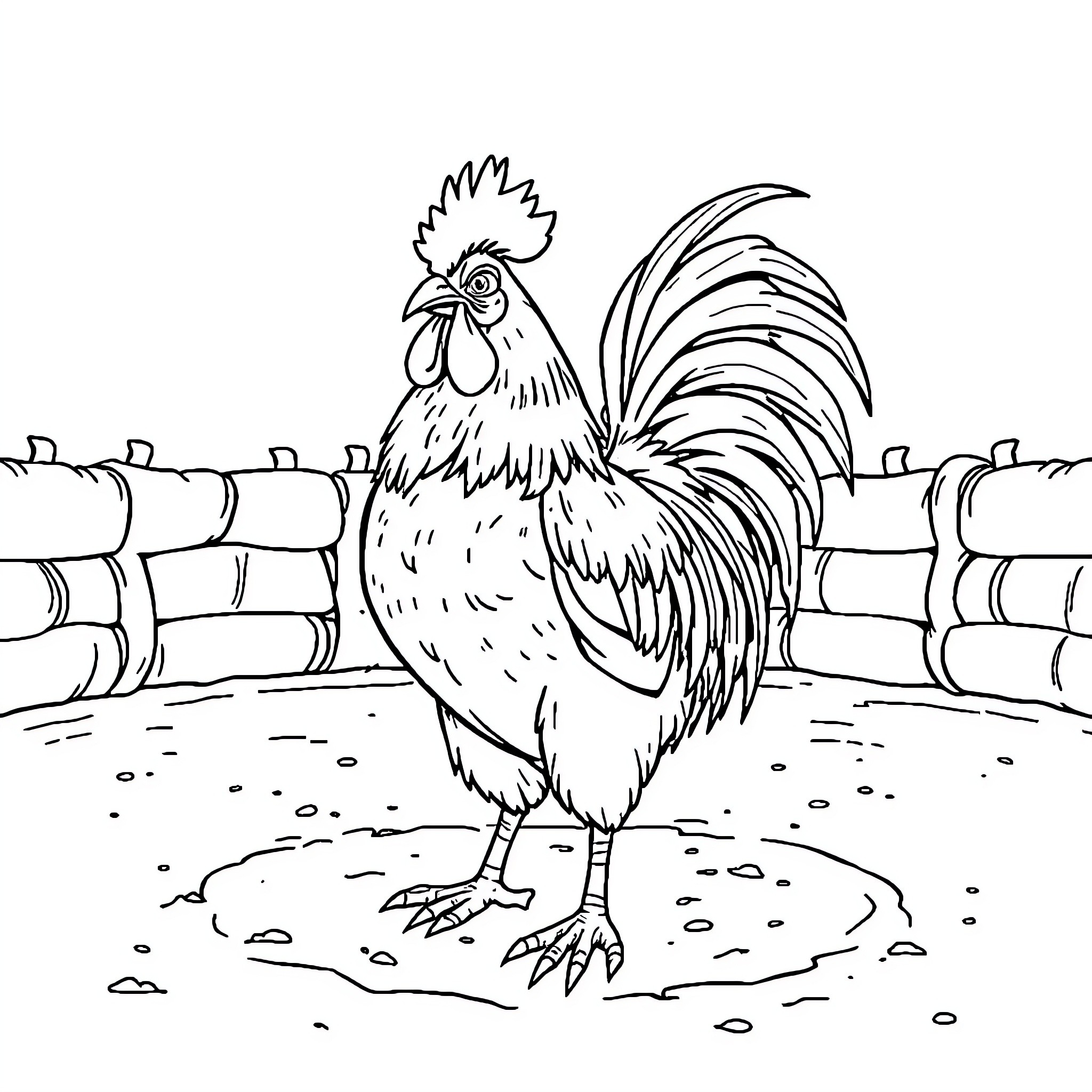 Rooster strutting confidently in farmyard Coloring Page (free black-and-white line drawing printable PDF for all, from beginners to advanced learners, including children, teens, adults, and seniors)