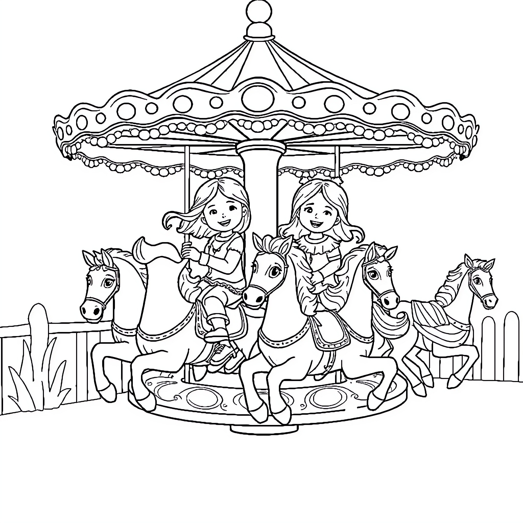 Girls enjoying carousel ride with horses Coloring Page (free black-and-white line drawing printable PDF for all, from beginners to advanced learners, including children, teens, adults, and seniors)