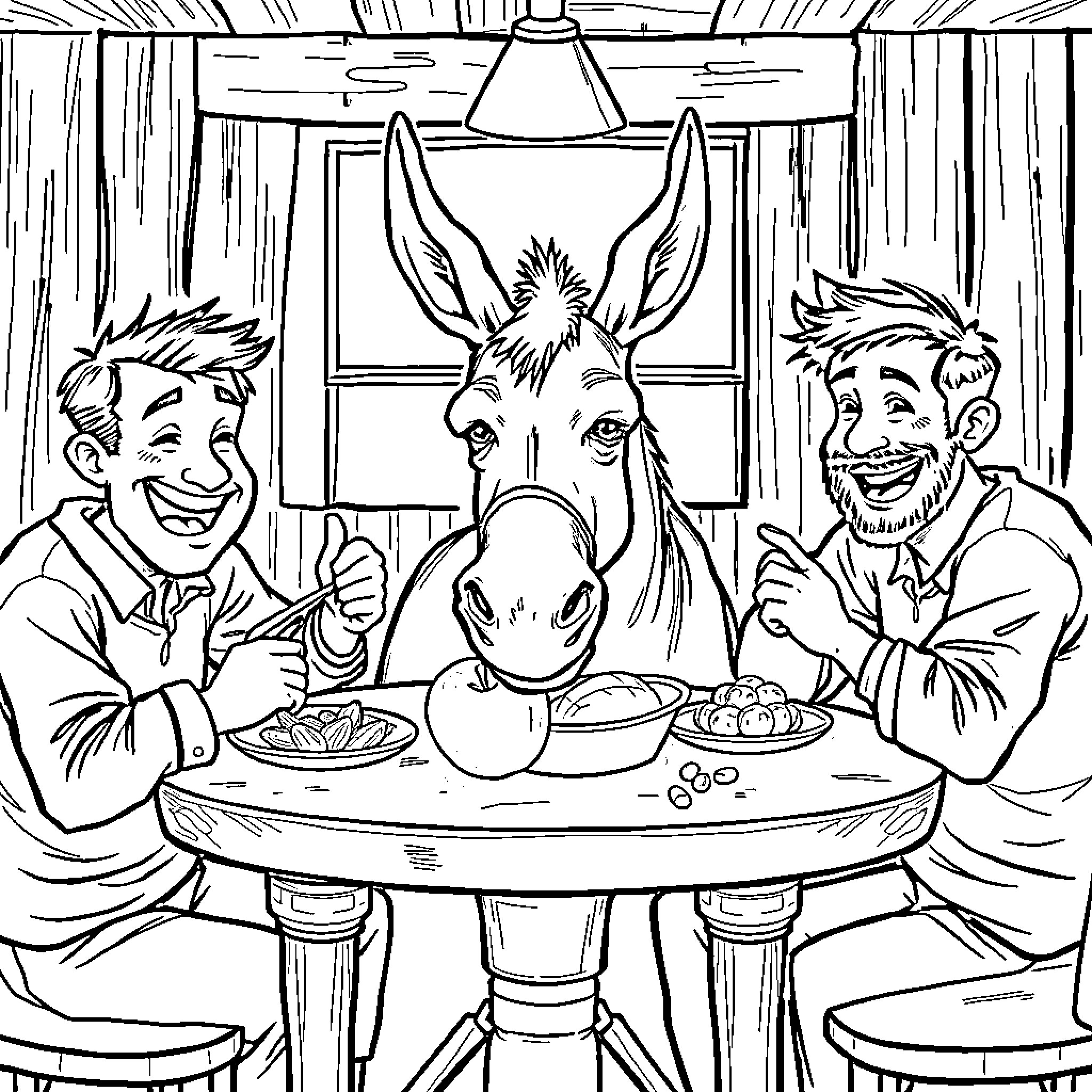 Donkey enjoying a meal with two men in a diner Coloring Page (free black-and-white line drawing printable PDF for all, from beginners to advanced learners, including children, teens, adults, and seniors)