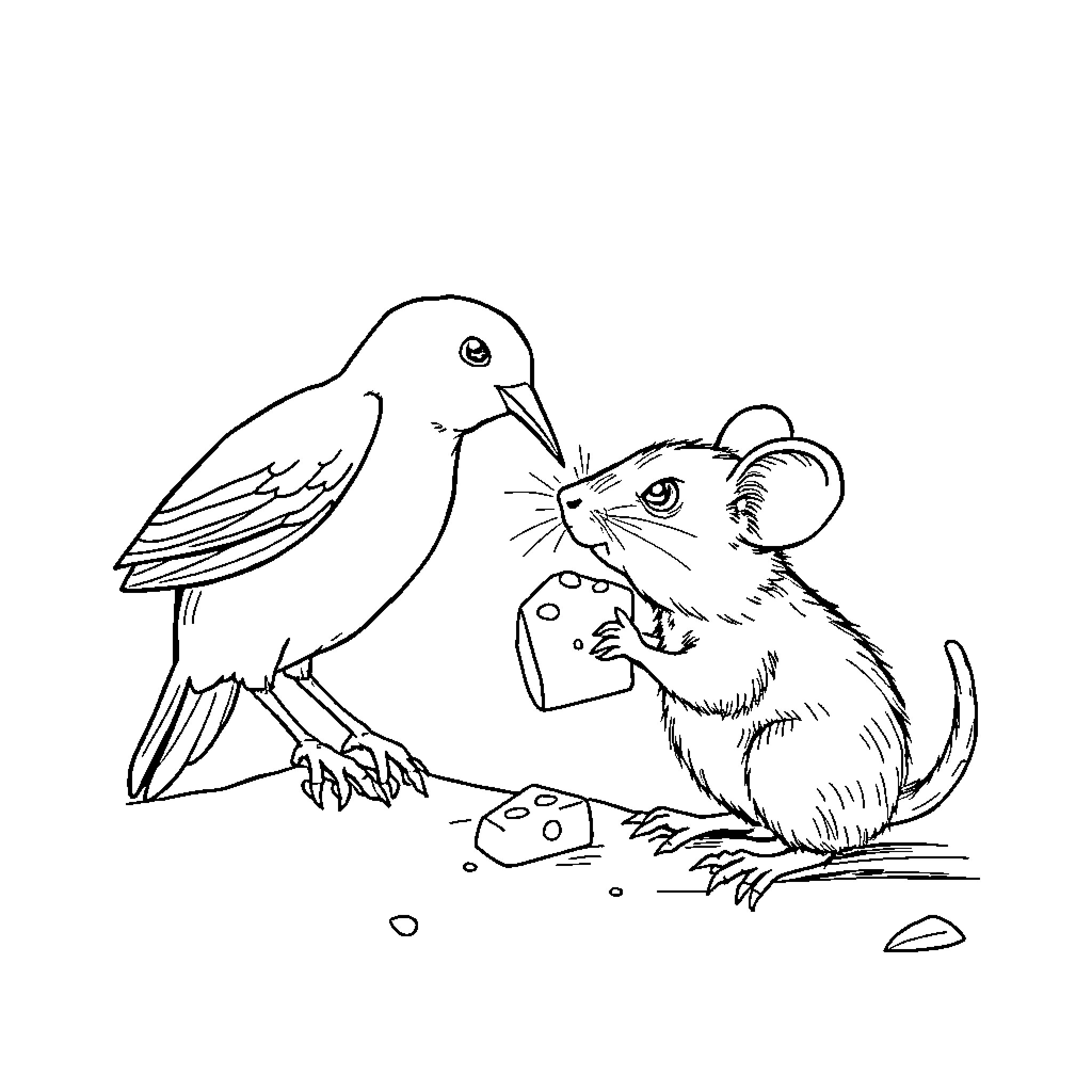 Mouse interacting curiously with a bird Coloring Page (free black-and-white line drawing printable PDF for all, from beginners to advanced learners, including children, teens, adults, and seniors)