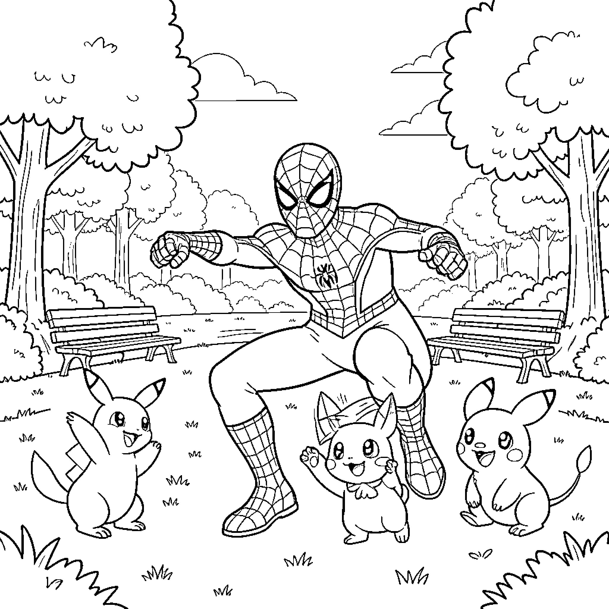 Spiderman poses heroically with cute Pokemon characters Coloring Page (free black-and-white line drawing printable PDF for all, from beginners to advanced learners, including children, teens, adults, and seniors)