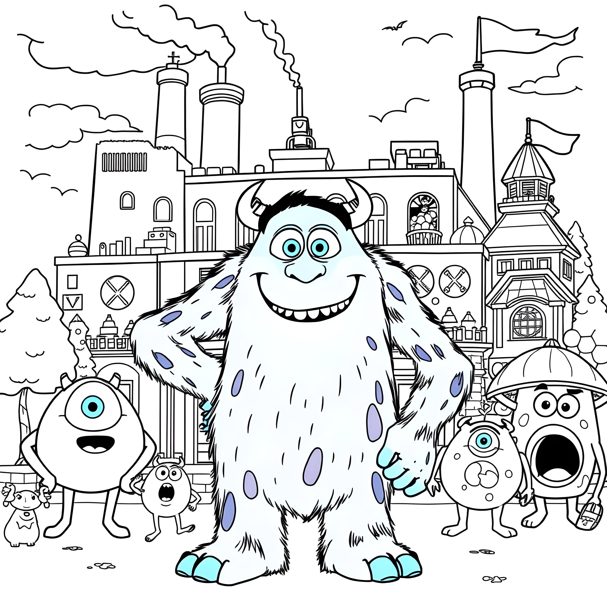 Sulley and his monster friends explore the city Coloring Page (free black-and-white line drawing printable PDF for all, from beginners to advanced learners, including children, teens, adults, and seniors)