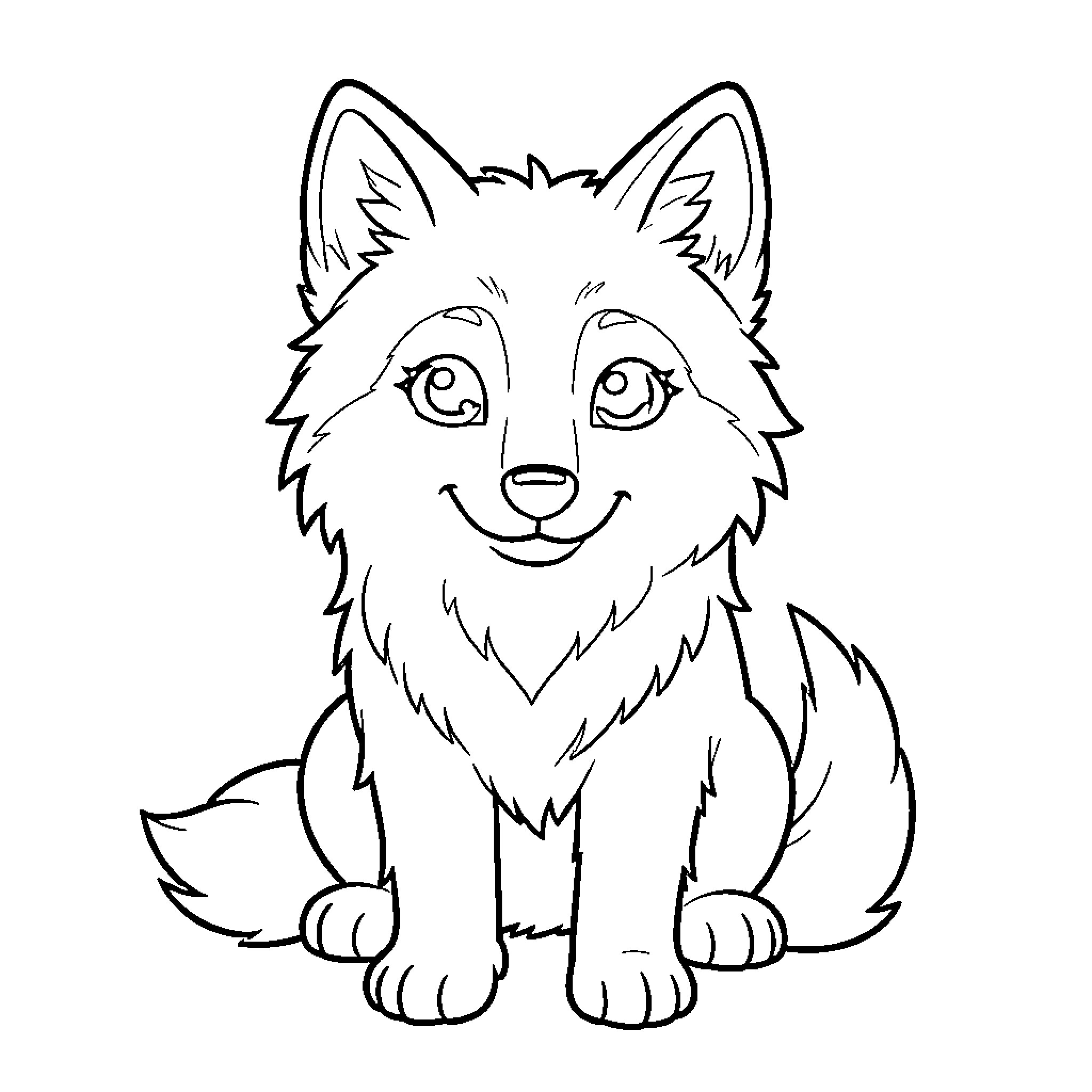 Wolf sitting and smiling with a friendly expression Coloring Page (free black-and-white line drawing printable PDF for all, from beginners to advanced learners, including children, teens, adults, and seniors)