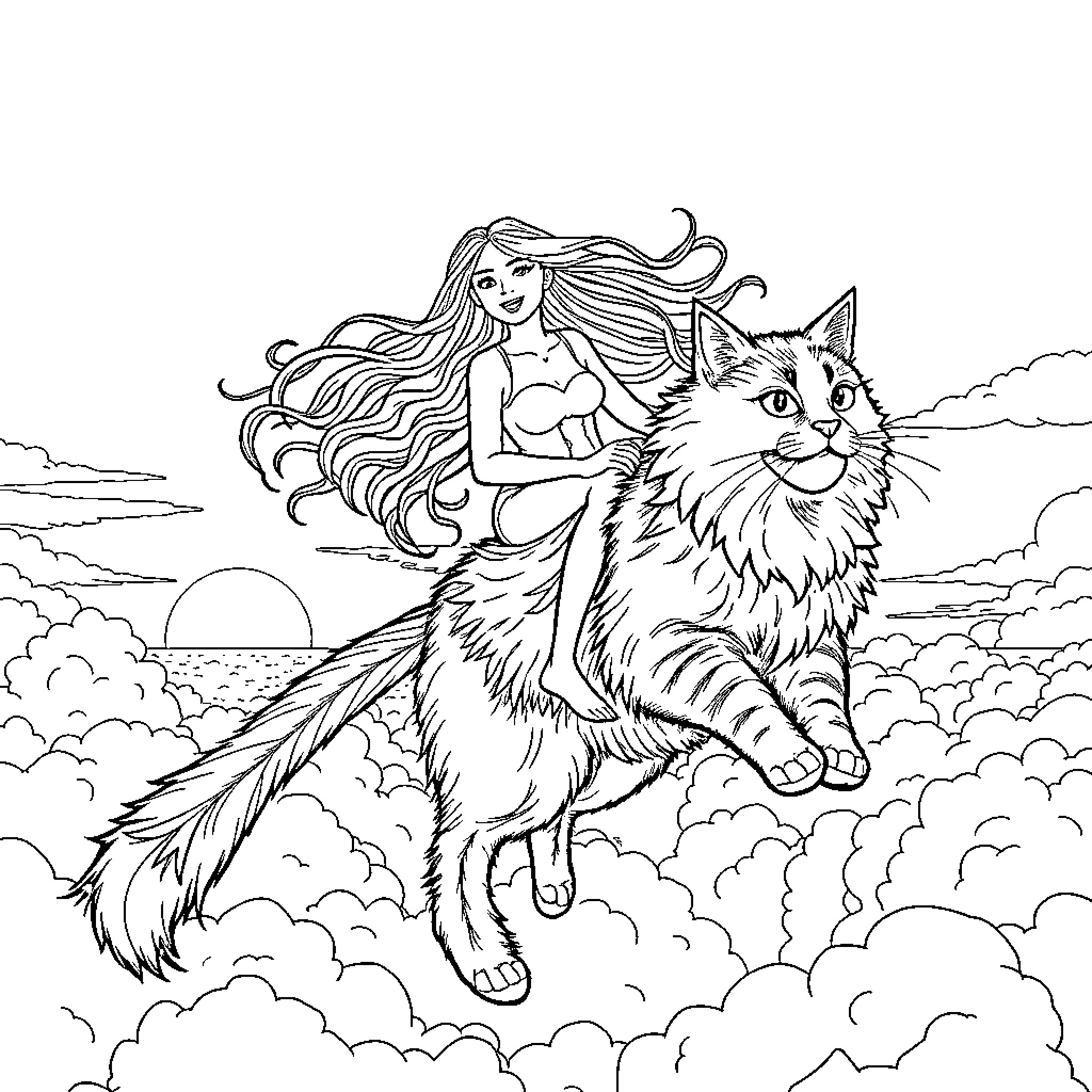 Woman with long hair riding a majestic cat in the sky Coloring Page (free black-and-white line drawing printable PDF for all, from beginners to advanced learners, including children, teens, adults, and seniors)