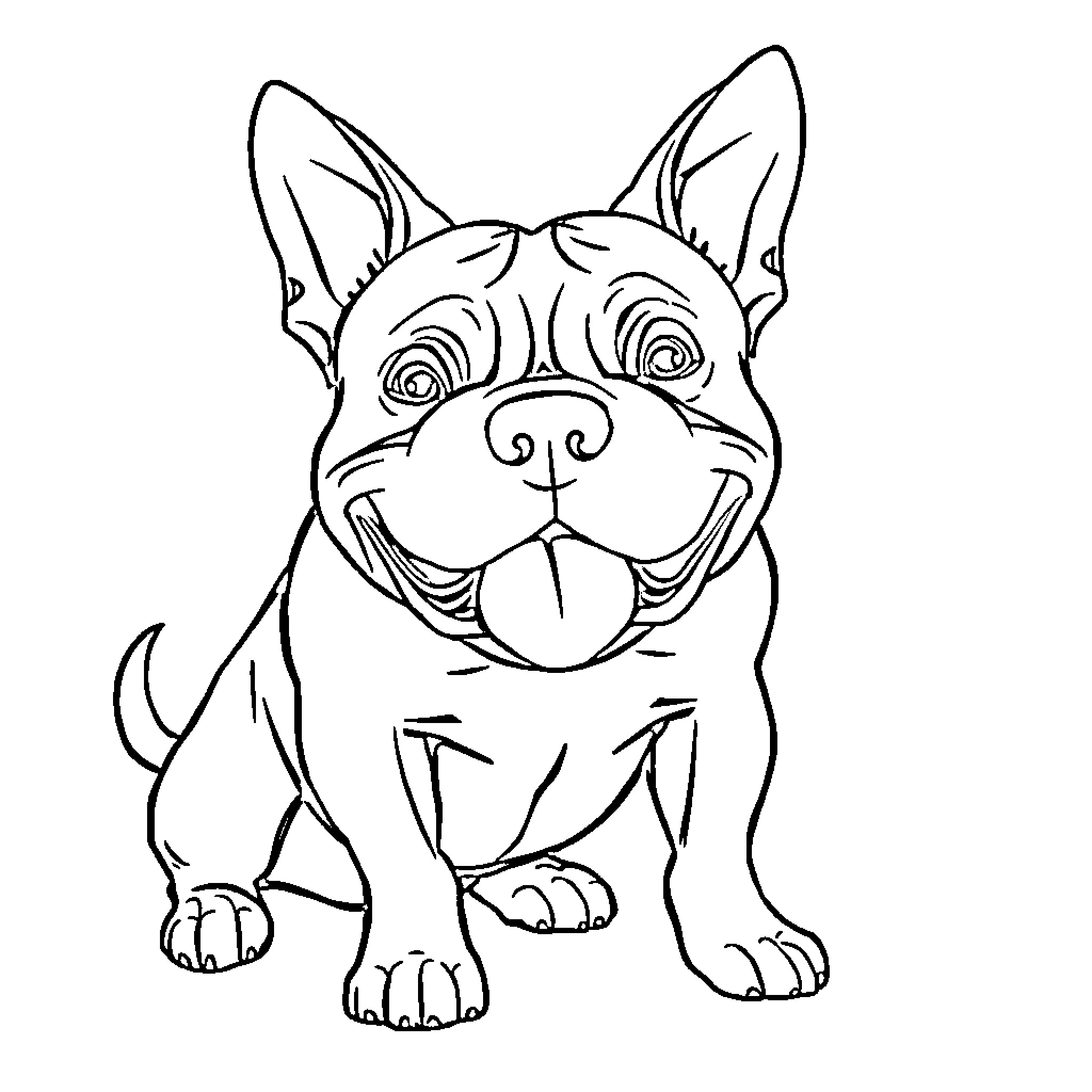 American Bully Pup with Playful Expression Coloring Page (free black-and-white line drawing printable PDF for all, from beginners to advanced learners, including children, teens, adults, and seniors)