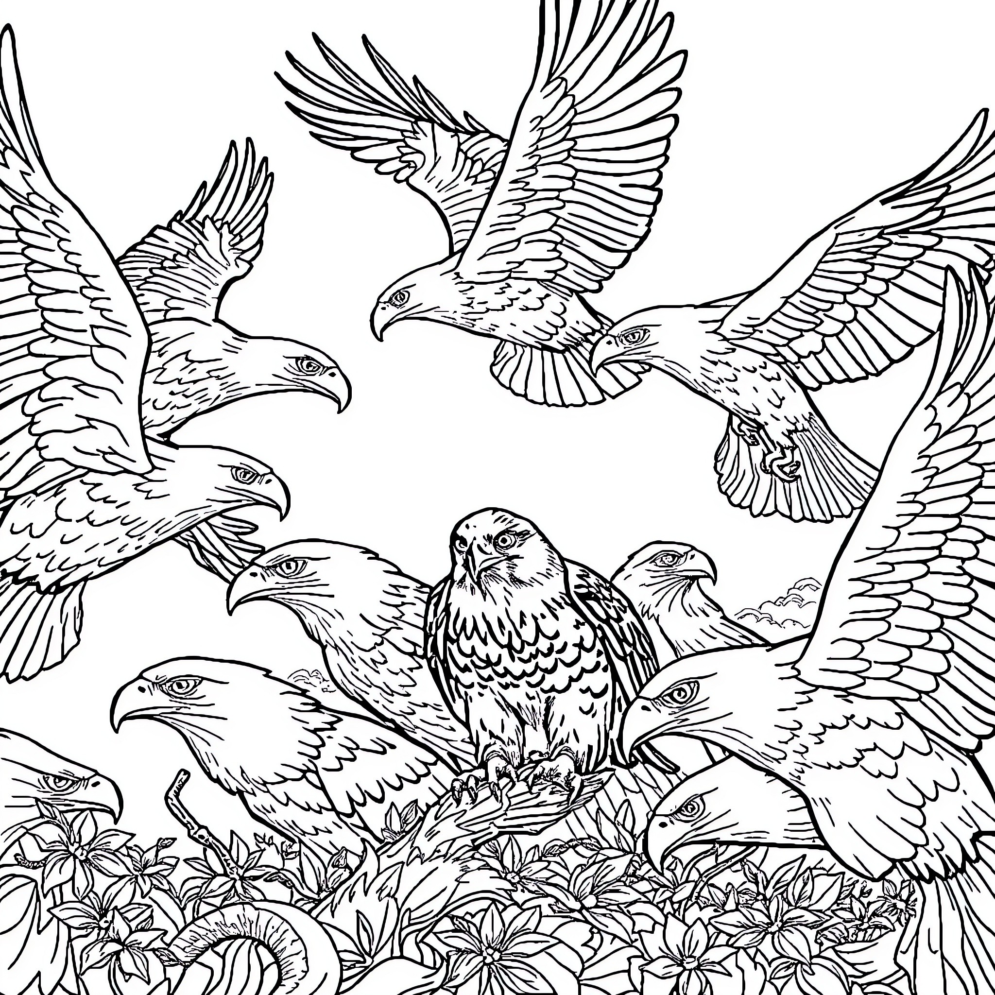 Hawk squadron soaring over a floral landscape Coloring Page (free black-and-white line drawing printable PDF for all, from beginners to advanced learners, including children, teens, adults, and seniors)