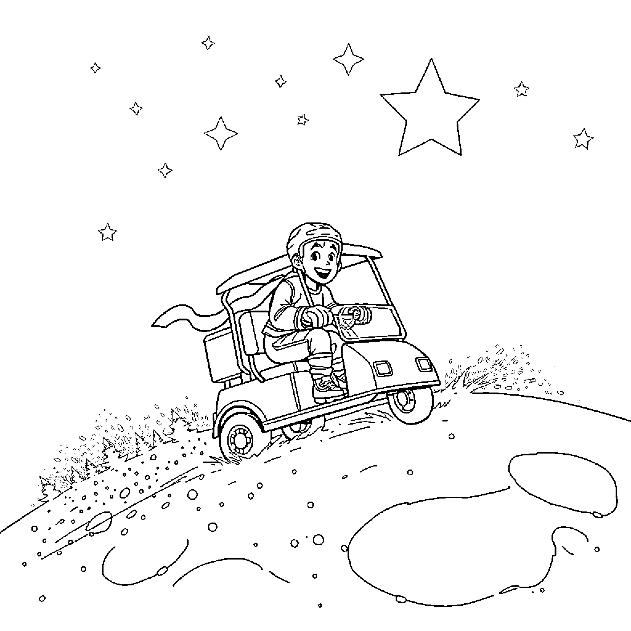 Hockey Player Riding in Vehicle under the Stars Coloring Page (free black-and-white line drawing printable PDF for all, from beginners to advanced learners, including children, teens, adults, and seniors)