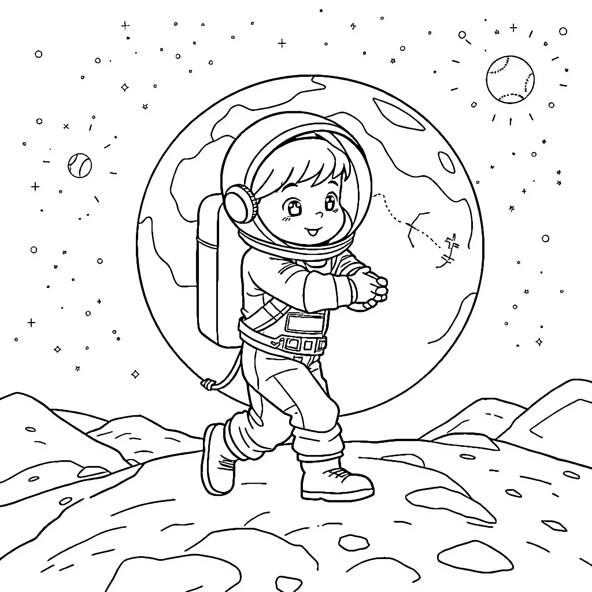 Kid exploring the wondrous cosmos in spacesuit Coloring Page (free black-and-white line drawing printable PDF for all, from beginners to advanced learners, including children, teens, adults, and seniors)