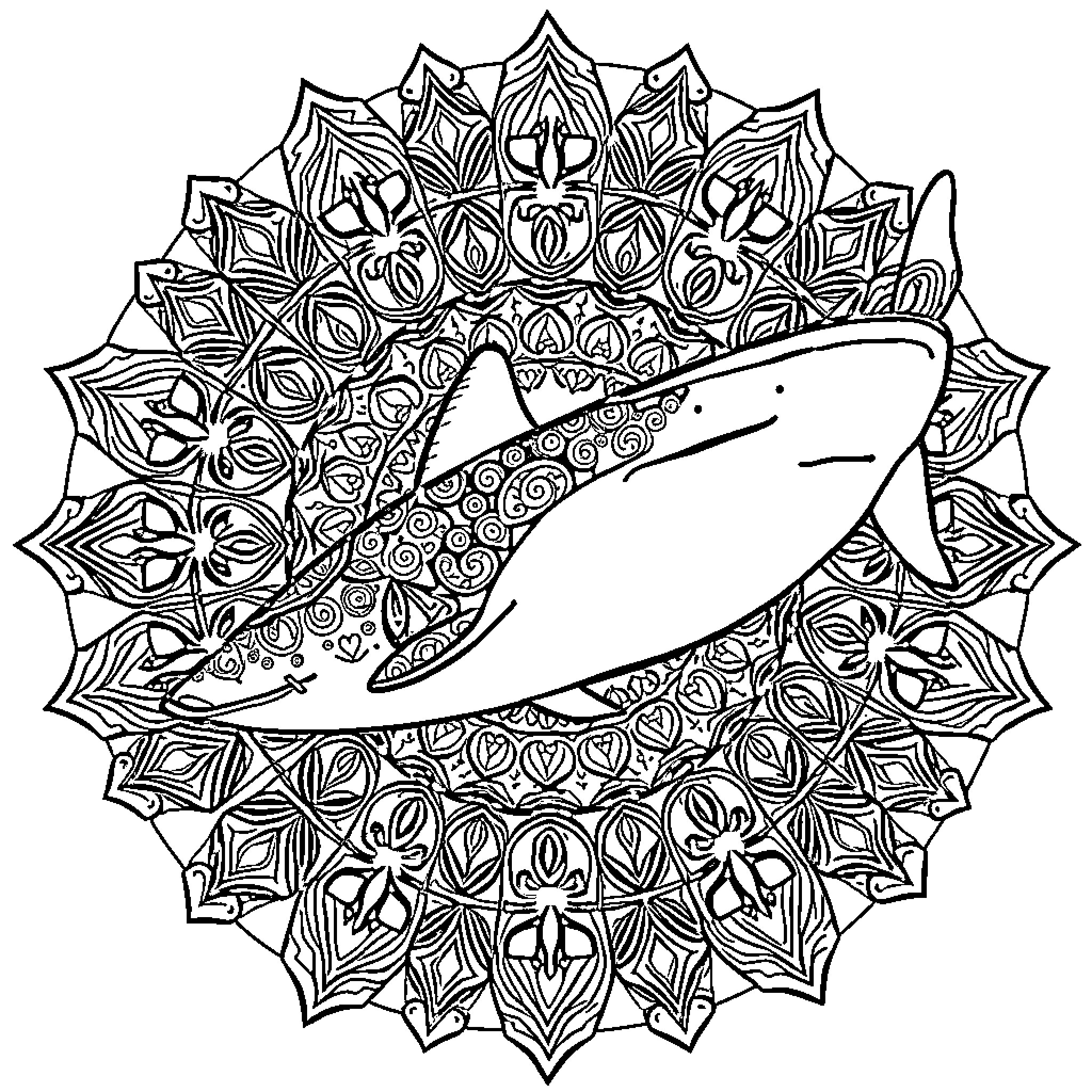 Whale Shark swimming through a decorative mandala Coloring Page (free black-and-white line drawing printable PDF for all, from beginners to advanced learners, including children, teens, adults, and seniors)