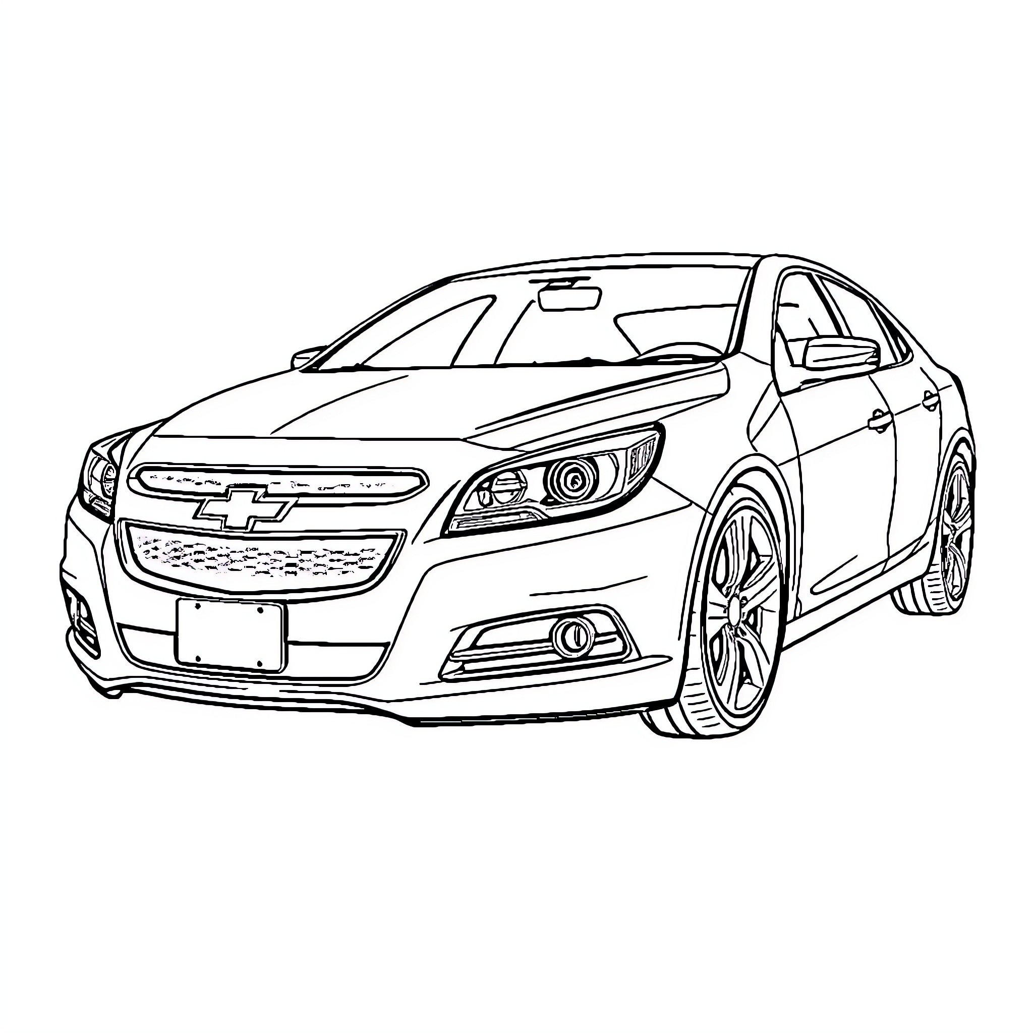 Malibu car enthusiast's sleek sedan Coloring Page (free black-and-white line drawing printable PDF for all, from beginners to advanced learners, including children, teens, adults, and seniors)