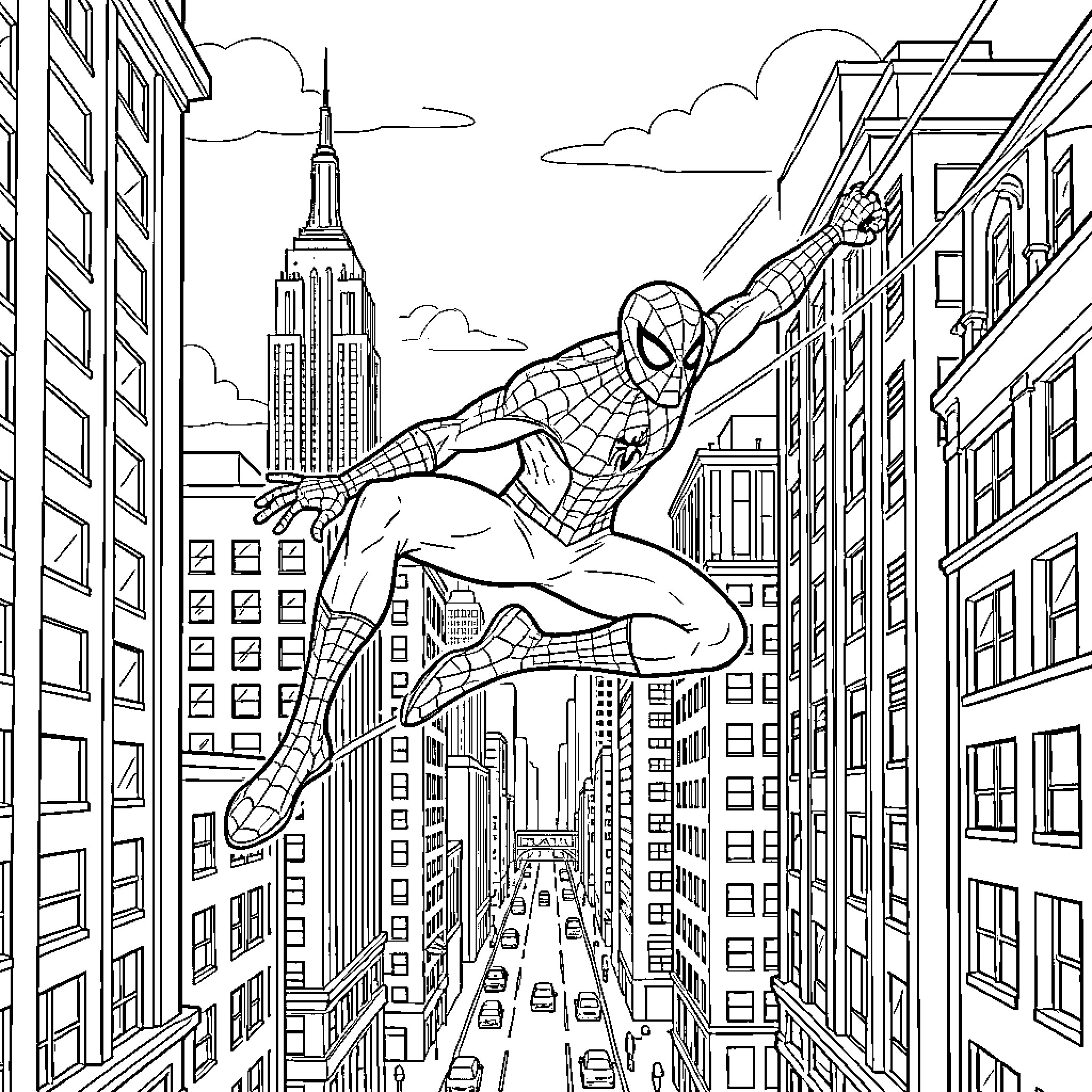 Spiderman swinging through a busy city street Coloring Page (free black-and-white line drawing printable PDF for all, from beginners to advanced learners, including children, teens, adults, and seniors)