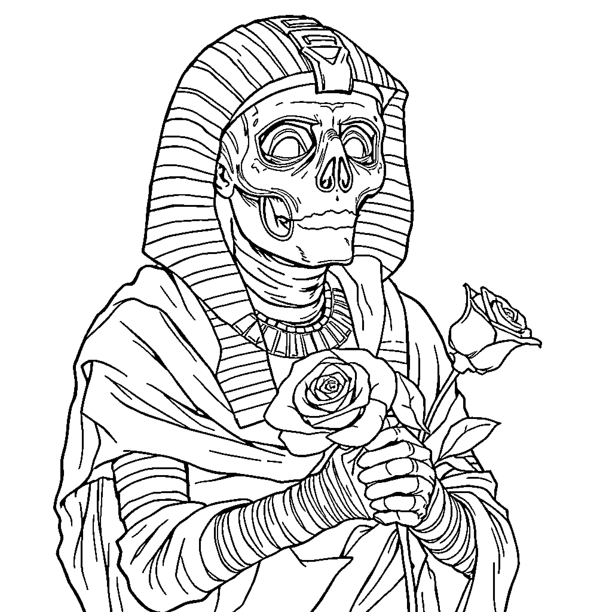 Mummy with rose holding a flower Coloring Page (free black-and-white line drawing printable PDF for all, from beginners to advanced learners, including children, teens, adults, and seniors)