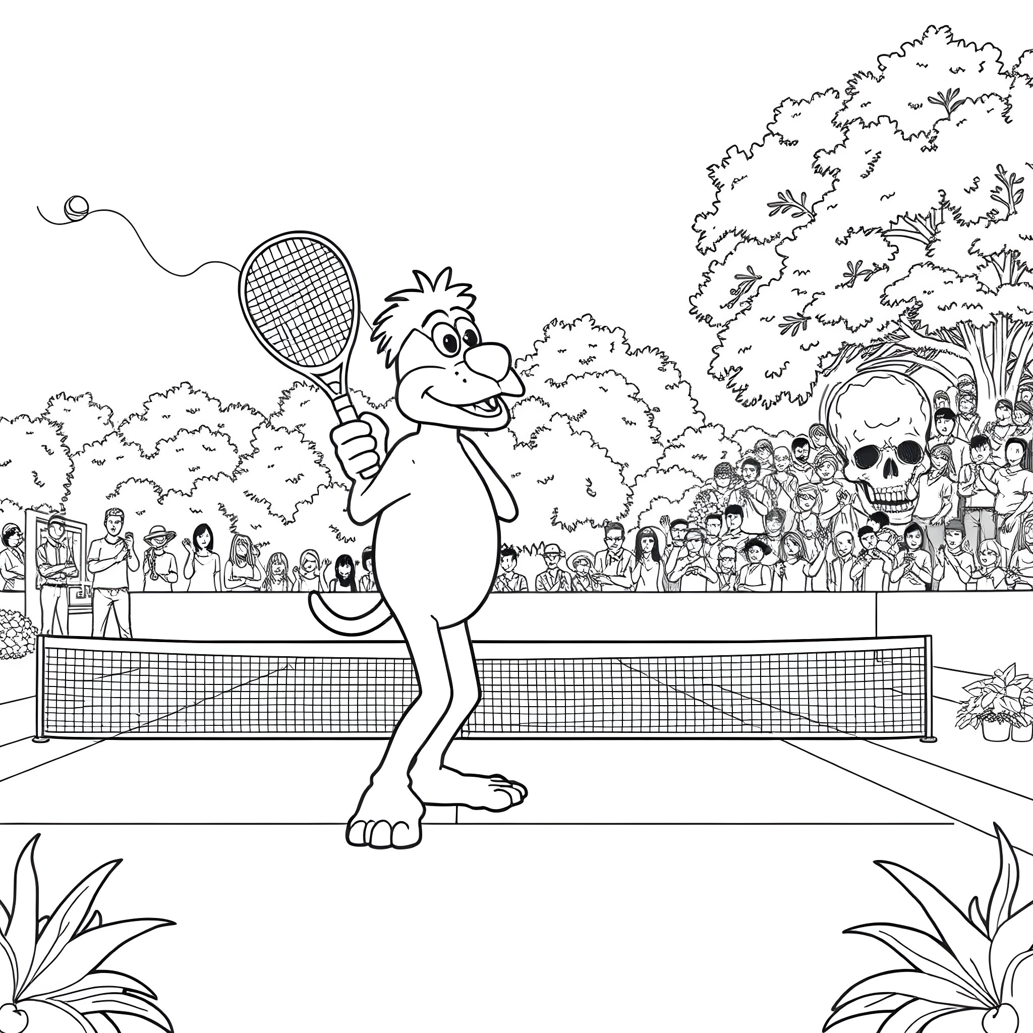 Alf playing tennis on the court Coloring Page (free black-and-white line drawing printable PDF for all, from beginners to advanced learners, including children, teens, adults, and seniors)