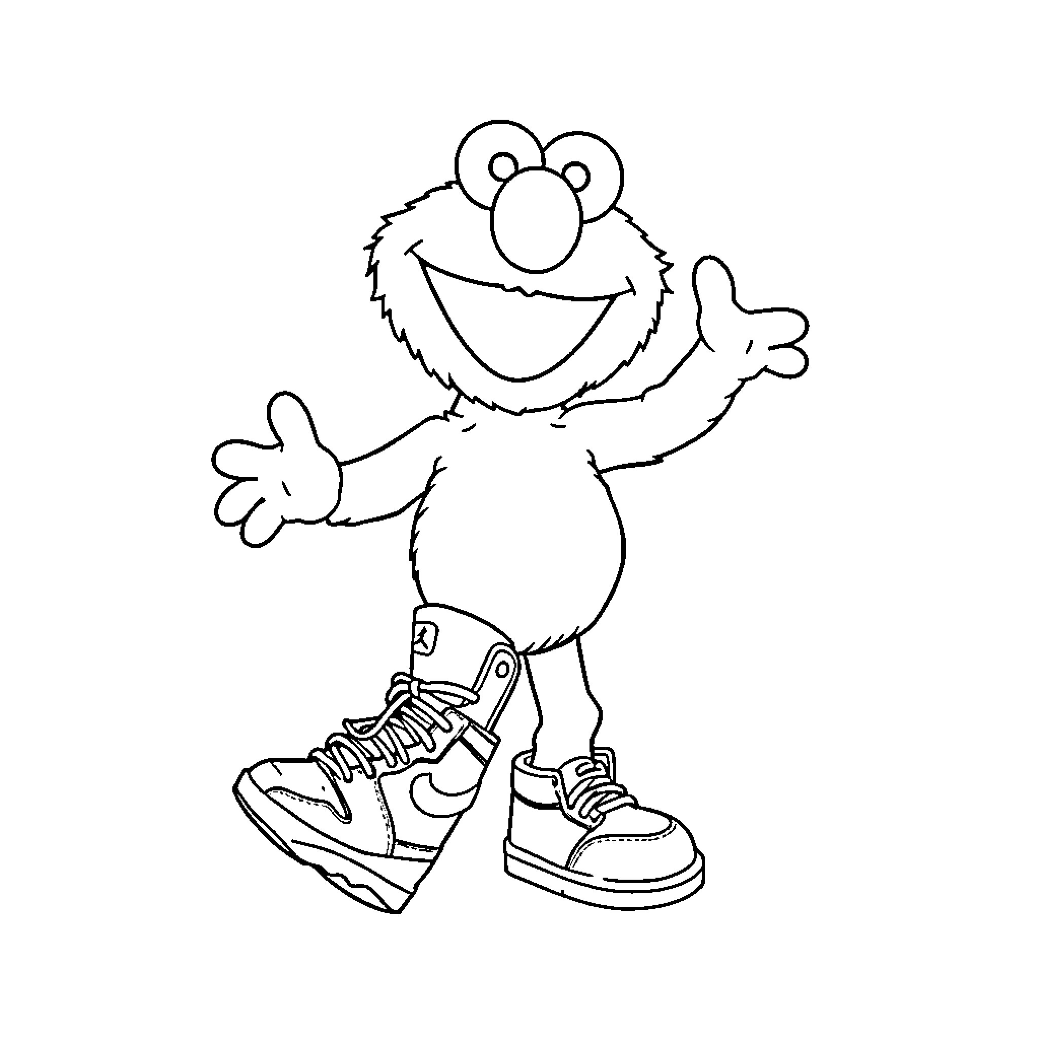 Elmo having fun in colorful shoes Coloring Page (free black-and-white line drawing printable PDF for all, from beginners to advanced learners, including children, teens, adults, and seniors)