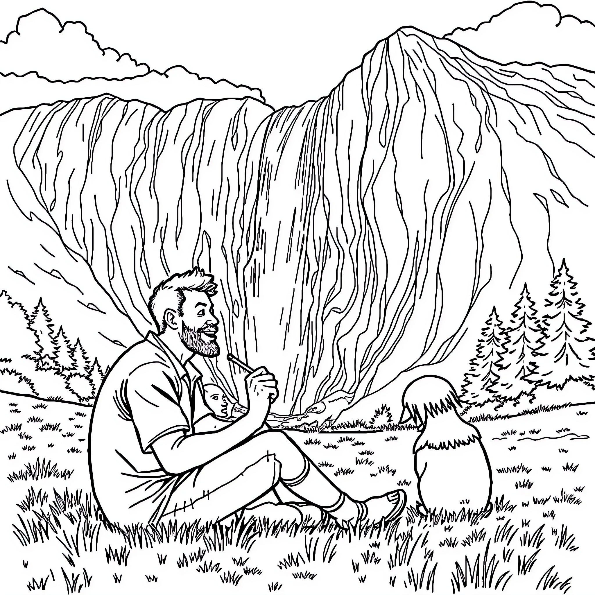 Man sitting in nature with mountain scenery Coloring Page (free black-and-white line drawing printable PDF for all, from beginners to advanced learners, including children, teens, adults, and seniors)