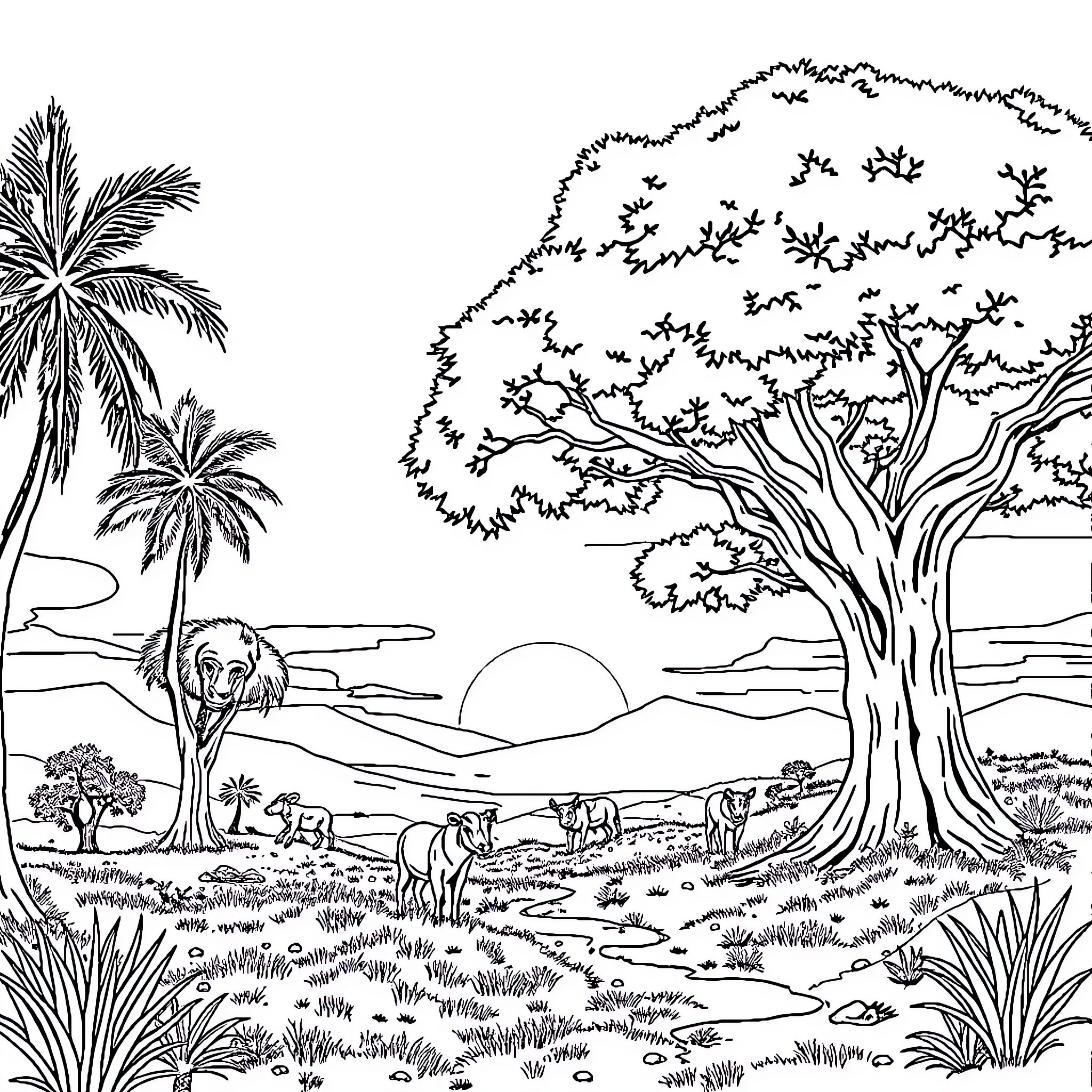 Animal landscape with trees and wildlife Coloring Page (free black-and-white line drawing printable PDF for all, from beginners to advanced learners, including children, teens, adults, and seniors)