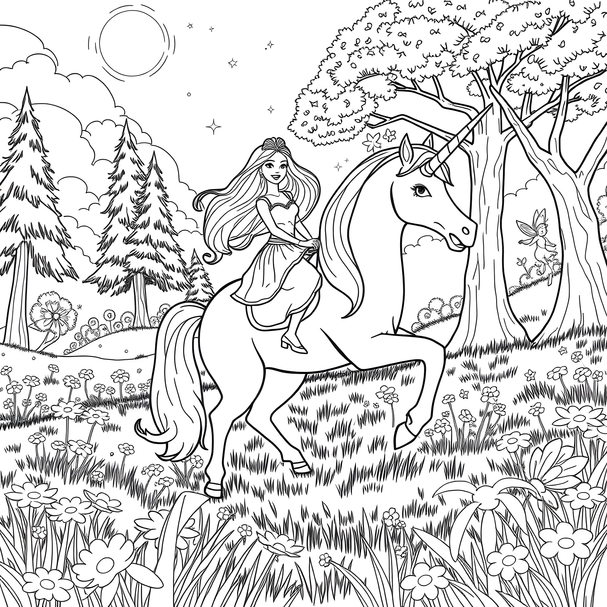 Barbie riding a unicorn in a magical forest Coloring Page (free black-and-white line drawing printable PDF for all, from beginners to advanced learners, including children, teens, adults, and seniors)