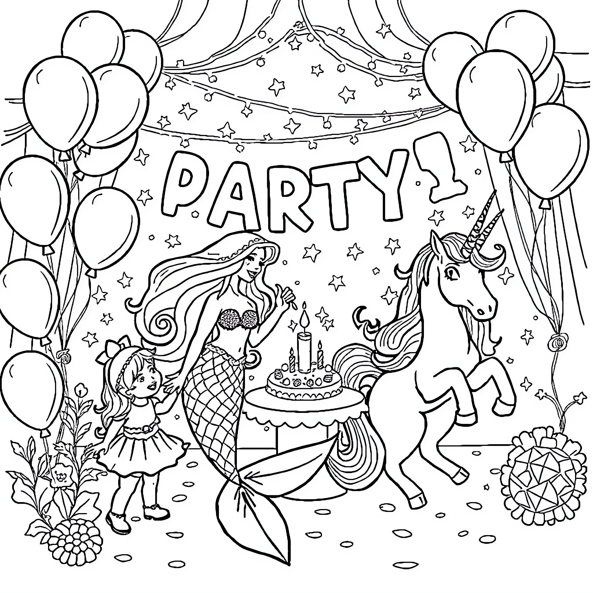 Mermaid and Unicorn Celebrate a Party Coloring Page (free black-and-white line drawing printable PDF for all, from beginners to advanced learners, including children, teens, adults, and seniors)