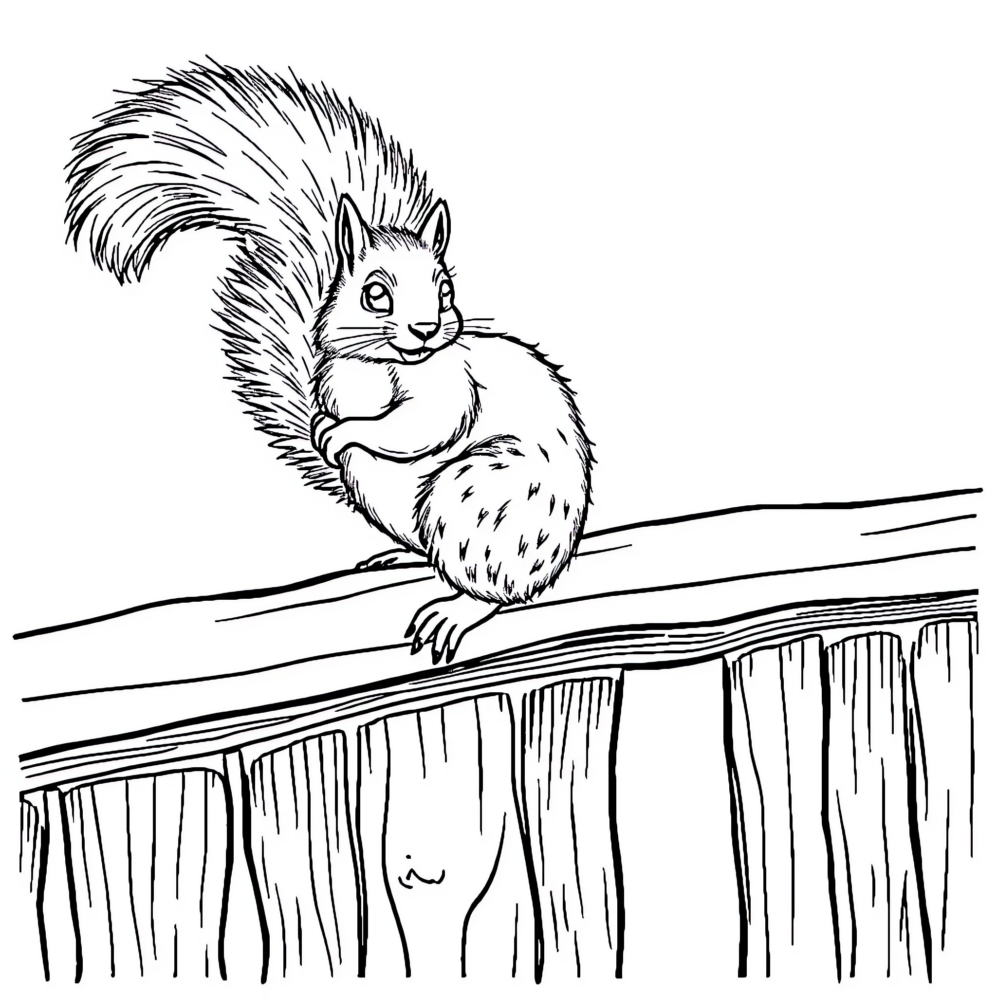 Squirrel perched on a wooden fence Coloring Page (free black-and-white line drawing printable PDF for all, from beginners to advanced learners, including children, teens, adults, and seniors)