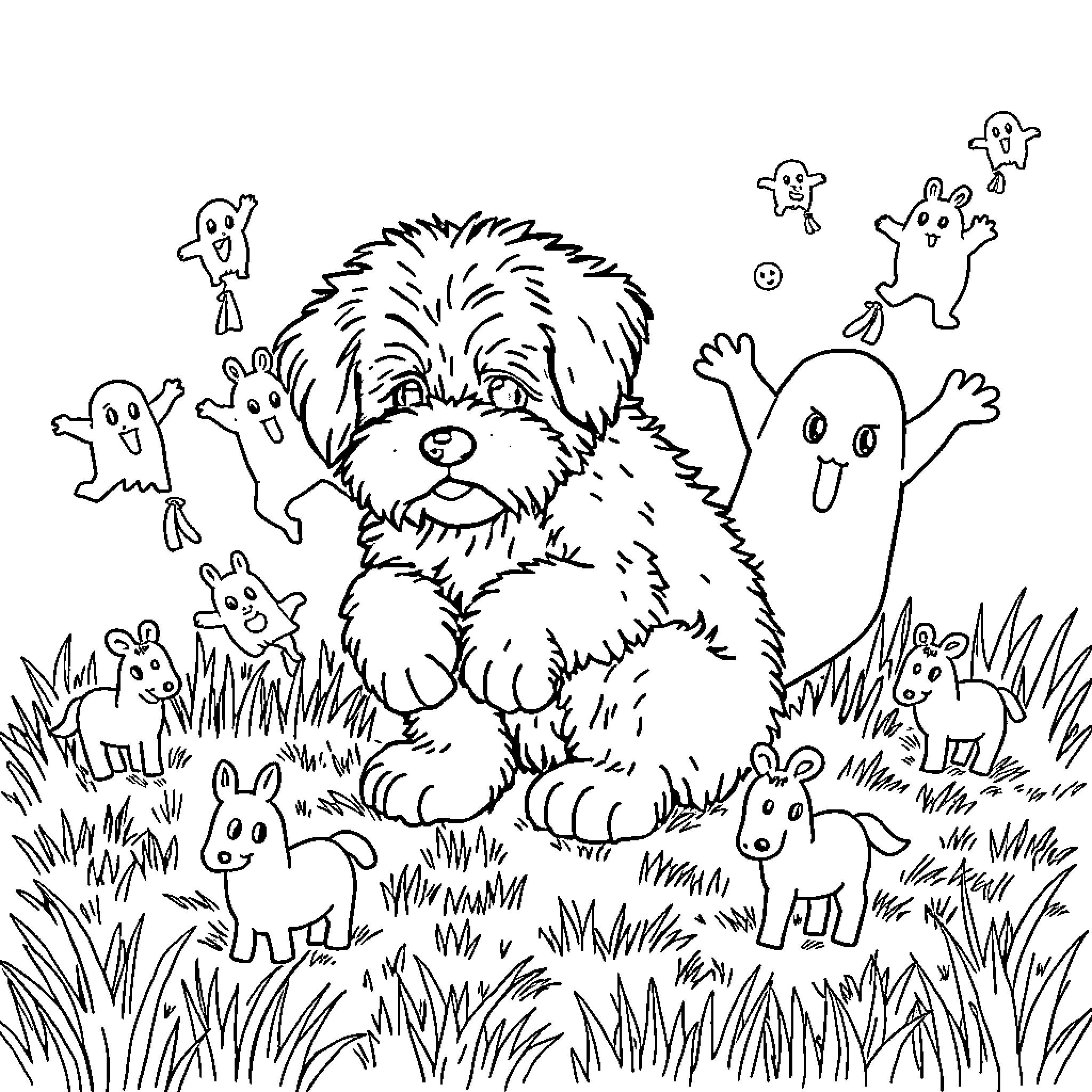 Dog playing with ghost friends in a field Coloring Page (free black-and-white line drawing printable PDF for all, from beginners to advanced learners, including children, teens, adults, and seniors)