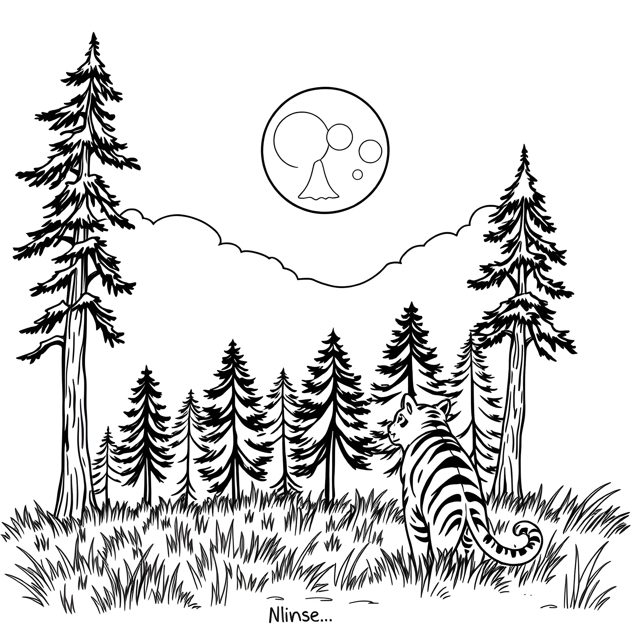 Tiger prowling through the forest at night Coloring Page (free black-and-white line drawing printable PDF for all, from beginners to advanced learners, including children, teens, adults, and seniors)