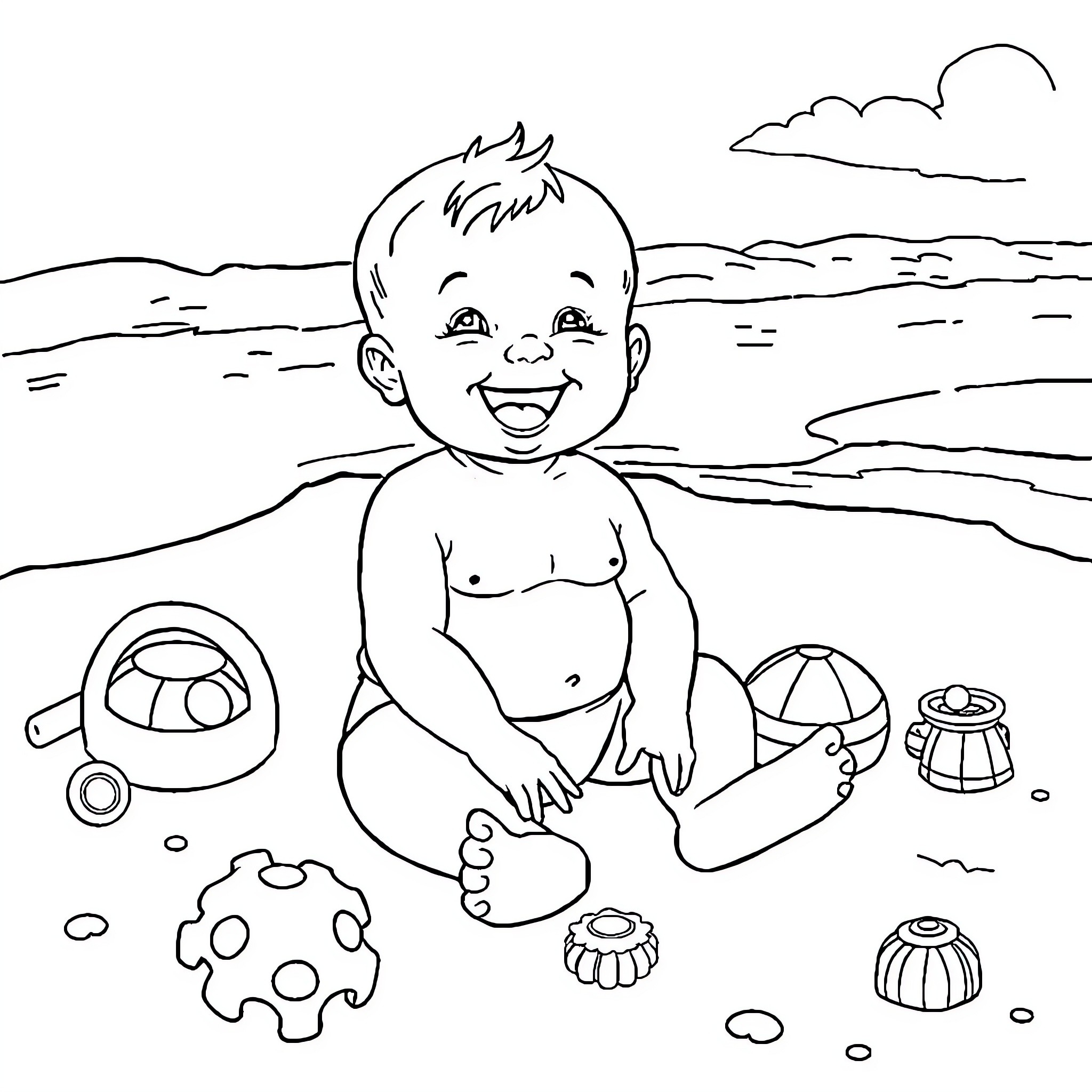 Baby playing happily on the beach Coloring Page (free black-and-white line drawing printable PDF for all, from beginners to advanced learners, including children, teens, adults, and seniors)
