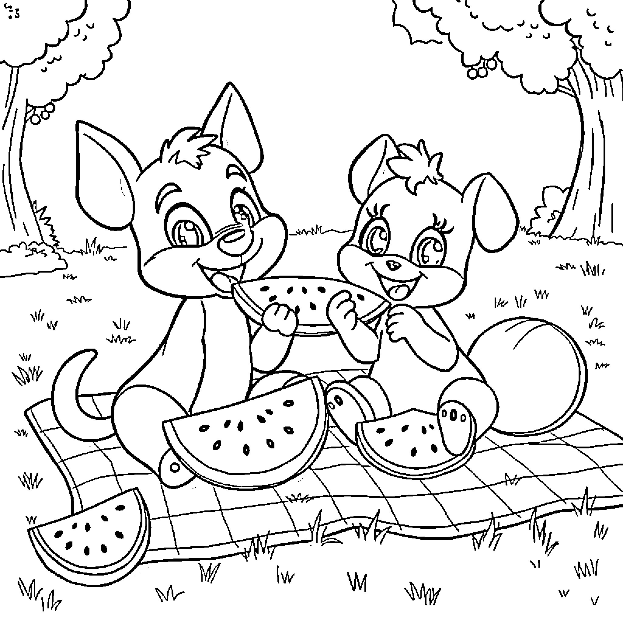 Bluey enjoying a picnic with friends Coloring Page (free black-and-white line drawing printable PDF for all, from beginners to advanced learners, including children, teens, adults, and seniors)