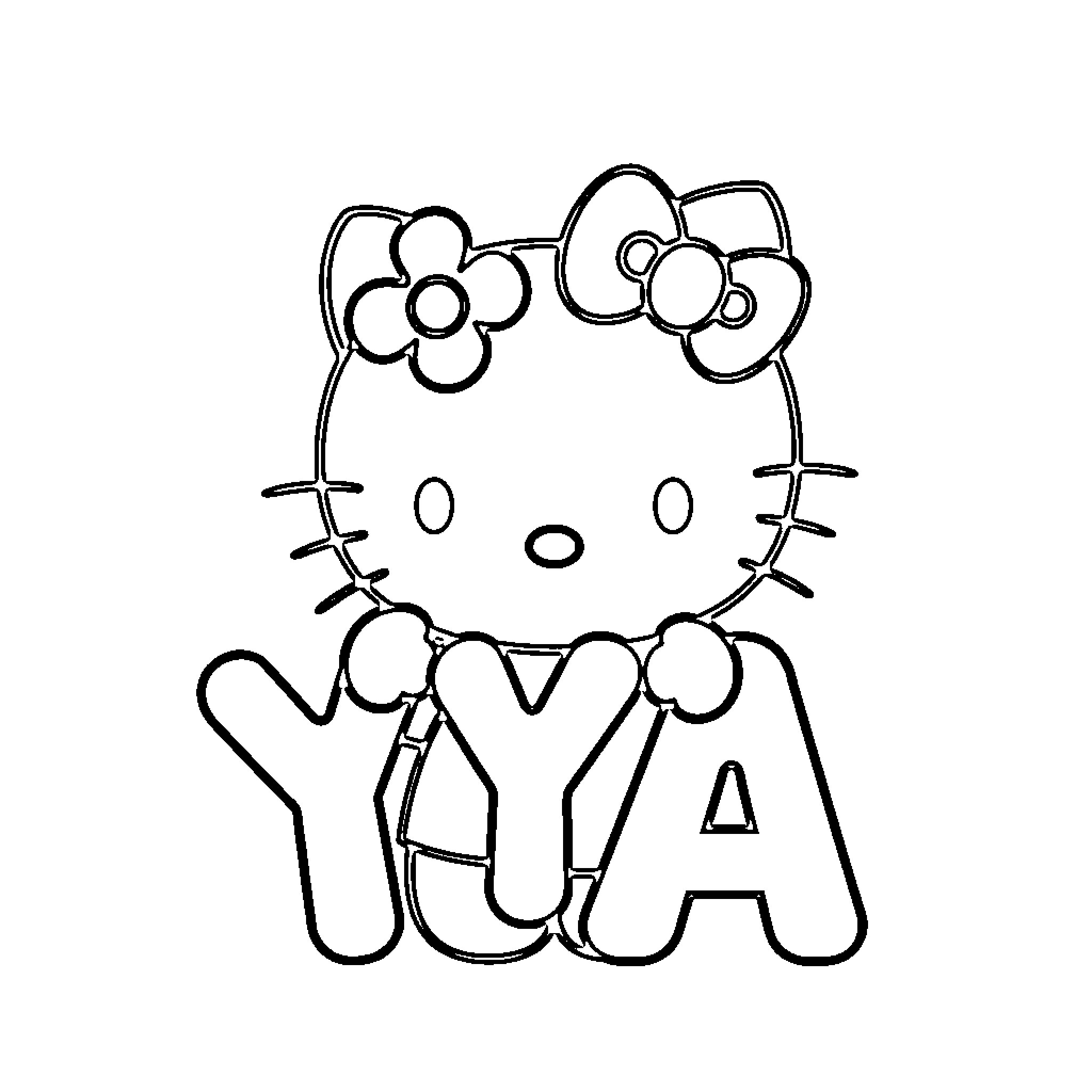 Hello Kitty Spelling Out Her Name Coloring Page (free black-and-white line drawing printable PDF for all, from beginners to advanced learners, including children, teens, adults, and seniors)