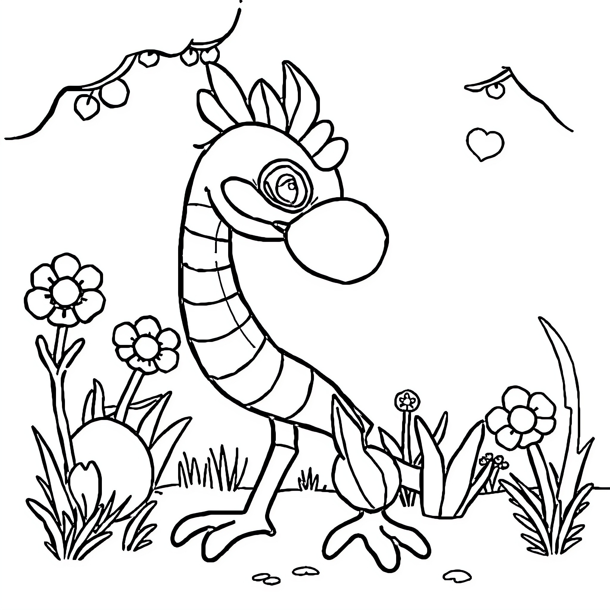 Kids explore whimsical dragon in nature Coloring Page (free black-and-white line drawing printable PDF for all, from beginners to advanced learners, including children, teens, adults, and seniors)