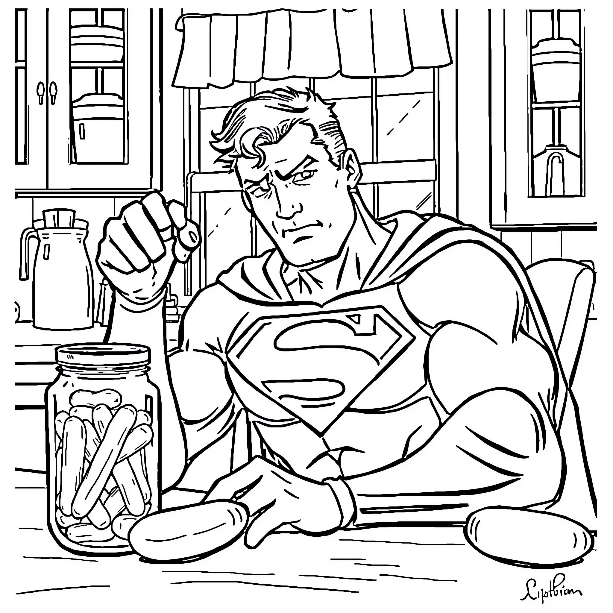 Superman struggles with daily challenges Coloring Page (free black-and-white line drawing printable PDF for all, from beginners to advanced learners, including children, teens, adults, and seniors)