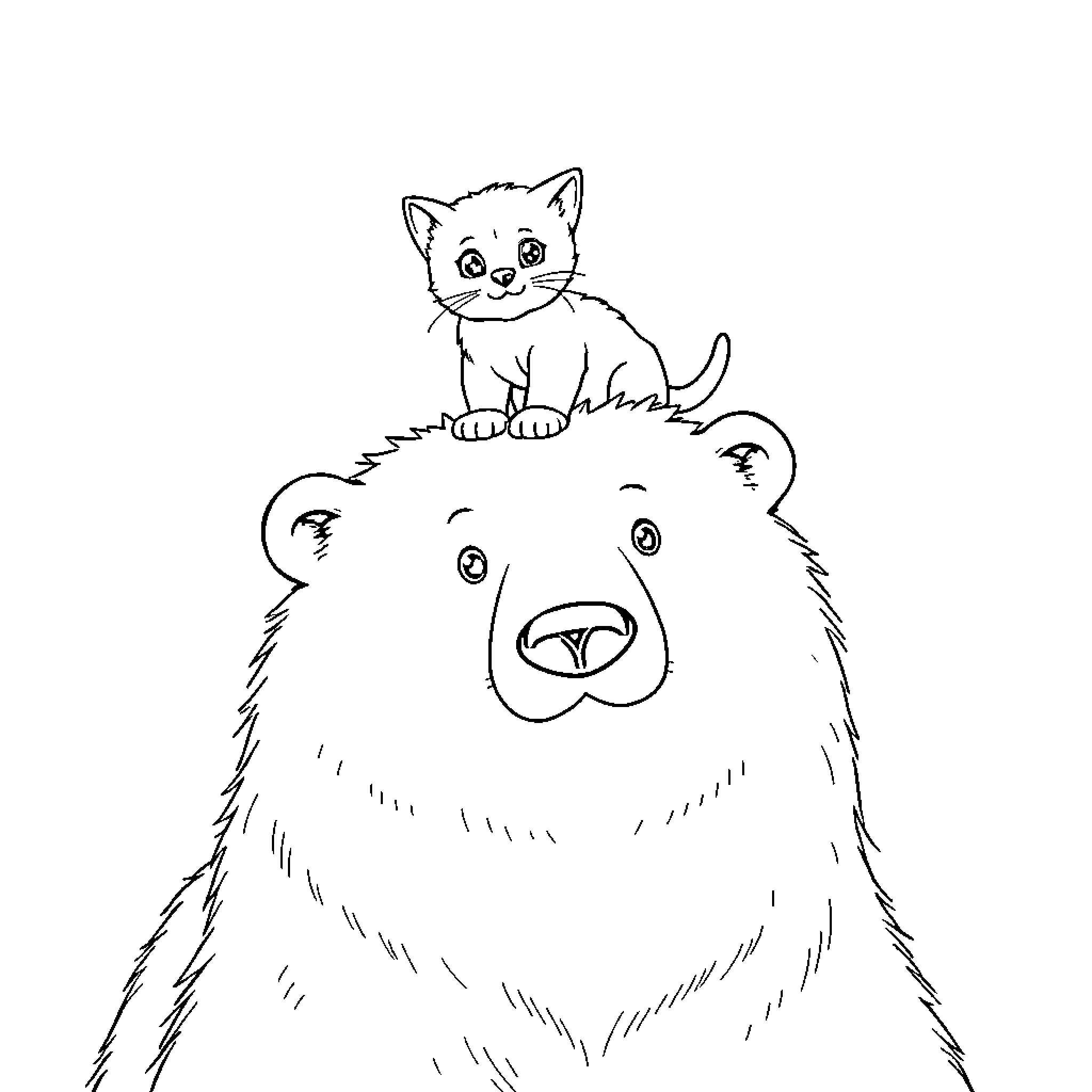 Cat sitting on top of a large bear Coloring Page (free black-and-white line drawing printable PDF for all, from beginners to advanced learners, including children, teens, adults, and seniors)
