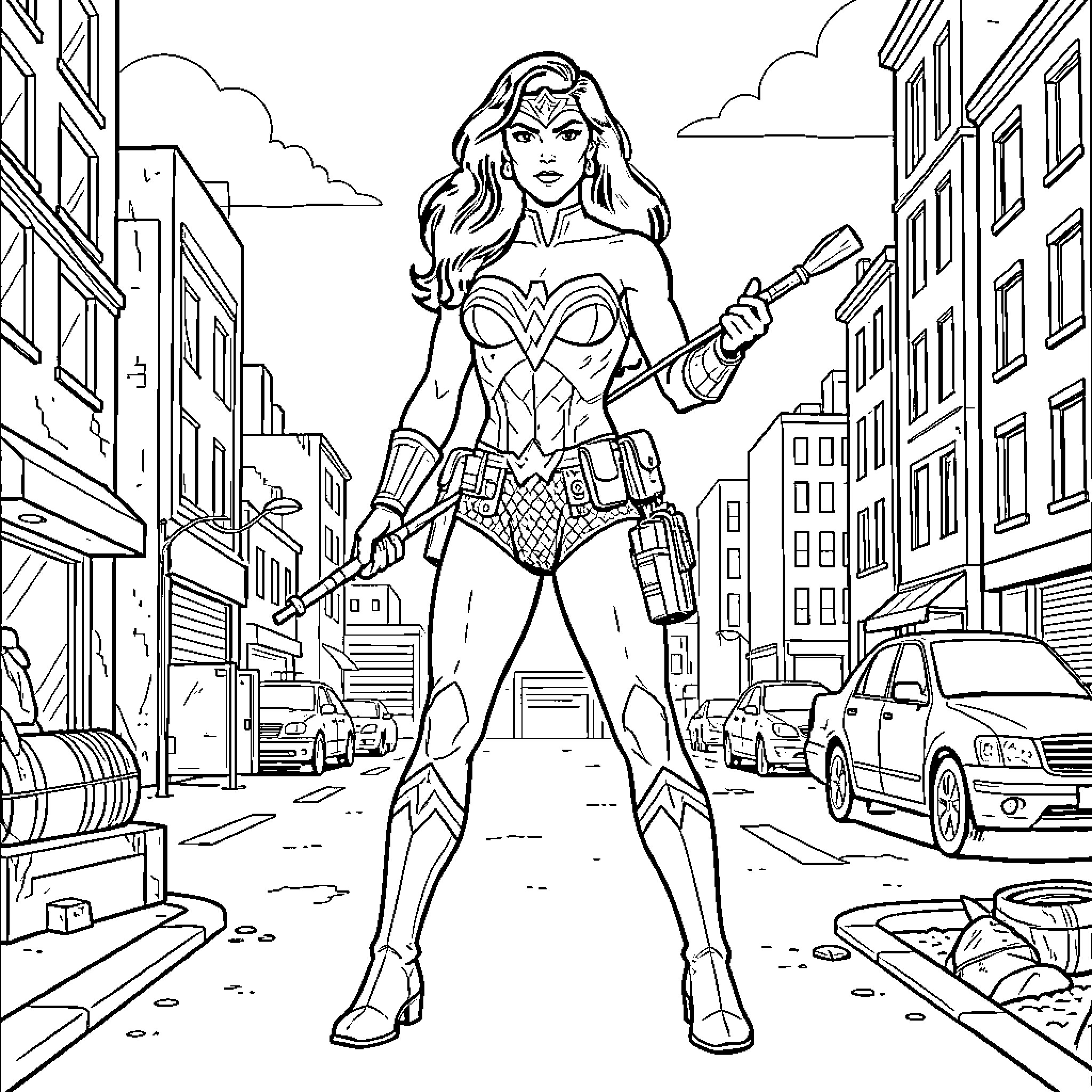 Wonder Woman standing heroically in a city street Coloring Page (free black-and-white line drawing printable PDF for all, from beginners to advanced learners, including children, teens, adults, and seniors)