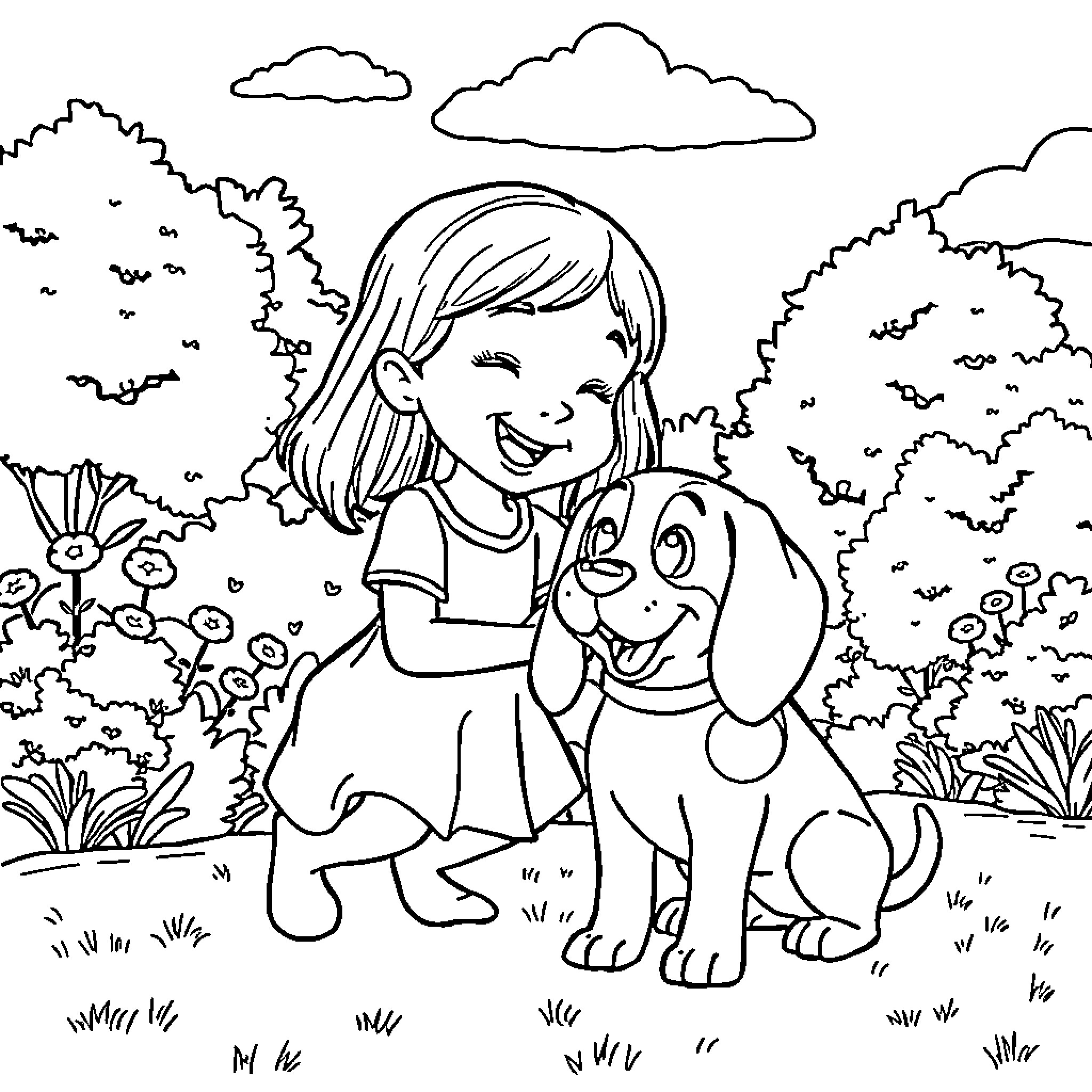 Elsa playing with her puppy in the park Coloring Page (free black-and-white line drawing printable PDF for all, from beginners to advanced learners, including children, teens, adults, and seniors)