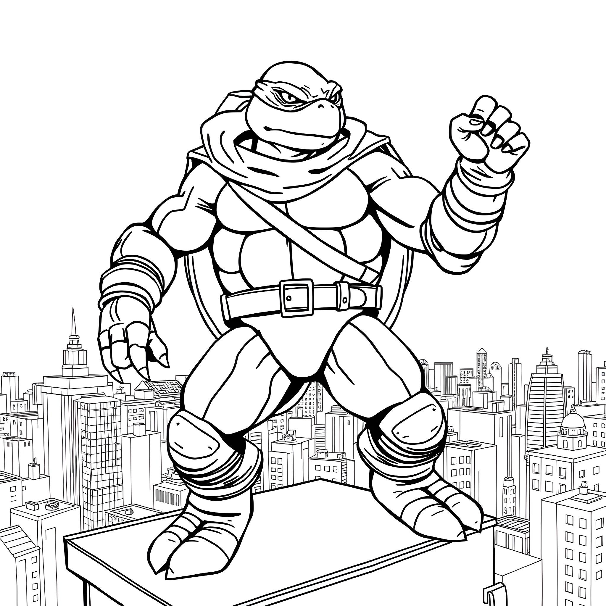 Turtle ninja warrior defending the city Coloring Page (free black-and-white line drawing printable PDF for all, from beginners to advanced learners, including children, teens, adults, and seniors)