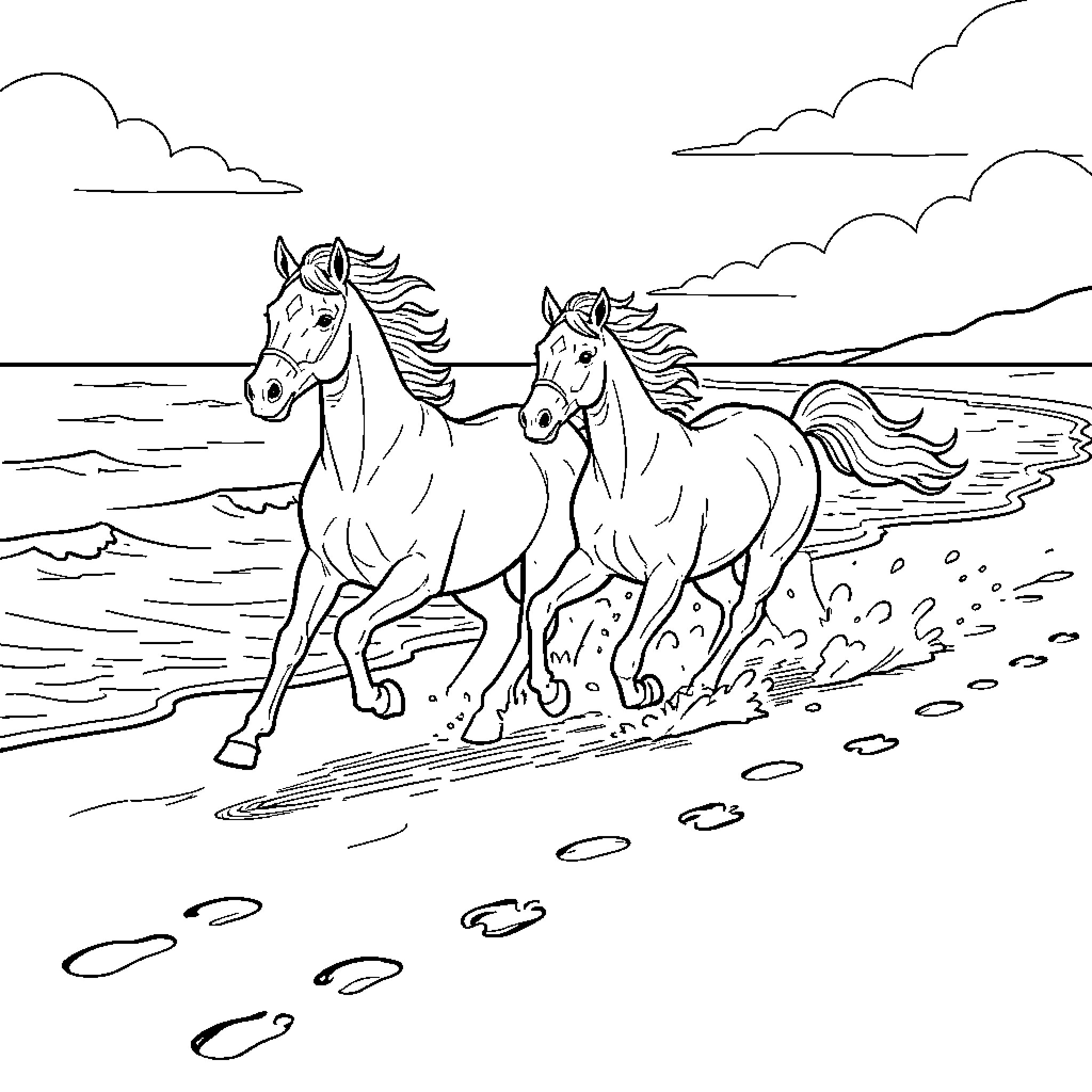 Horse running along the seashore waves Coloring Page (free black-and-white line drawing printable PDF for all, from beginners to advanced learners, including children, teens, adults, and seniors)