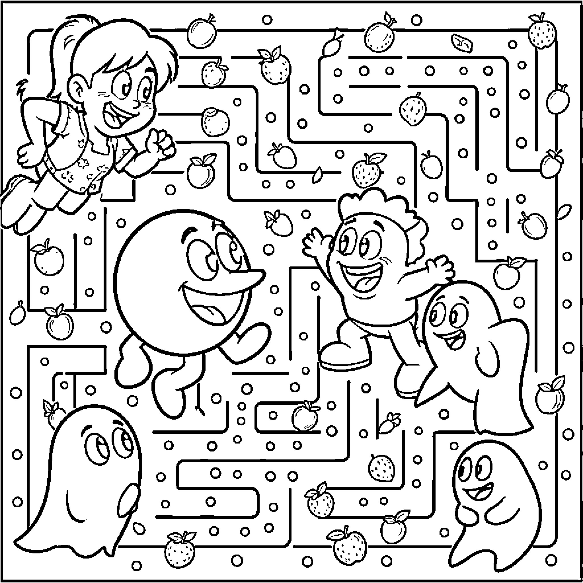 Pacman characters dancing and playing in a maze Coloring Page (free black-and-white line drawing printable PDF for all, from beginners to advanced learners, including children, teens, adults, and seniors)