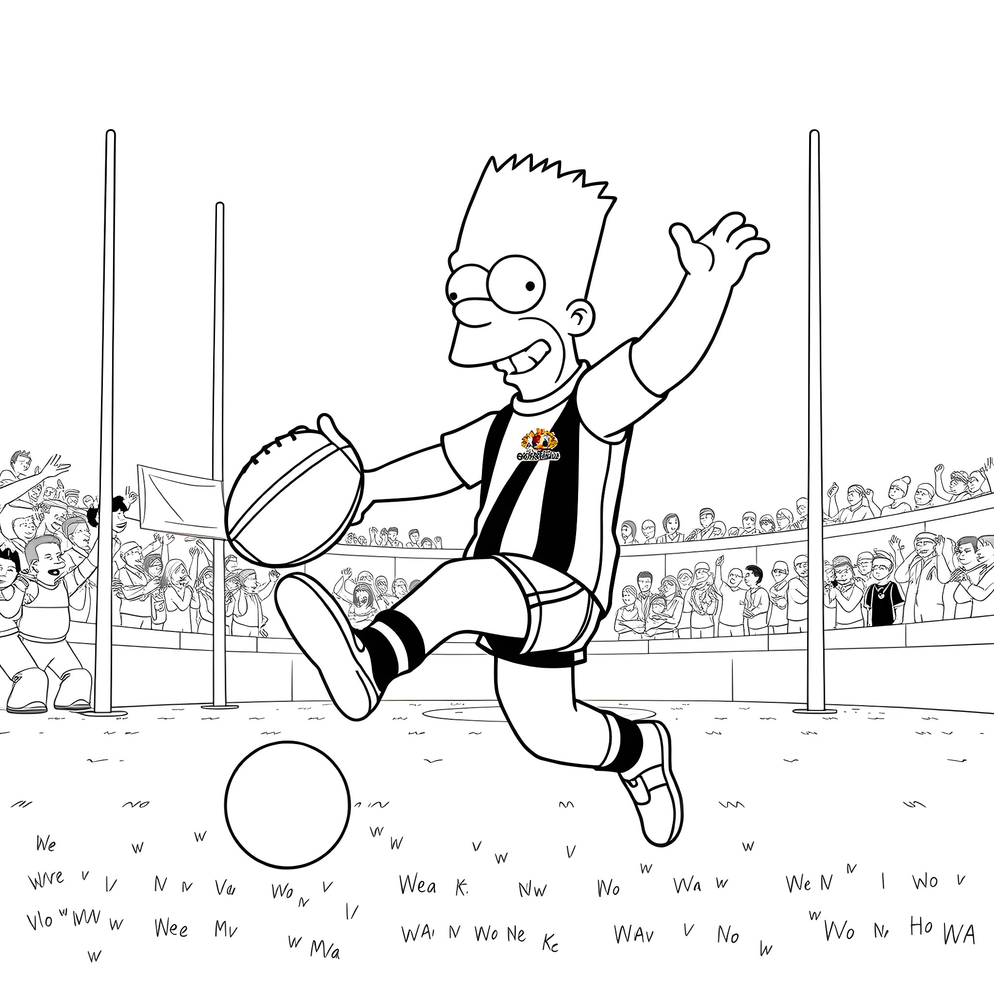 Bart Simpson playing sports in the stadium Coloring Page (free black-and-white line drawing printable PDF for all, from beginners to advanced learners, including children, teens, adults, and seniors)