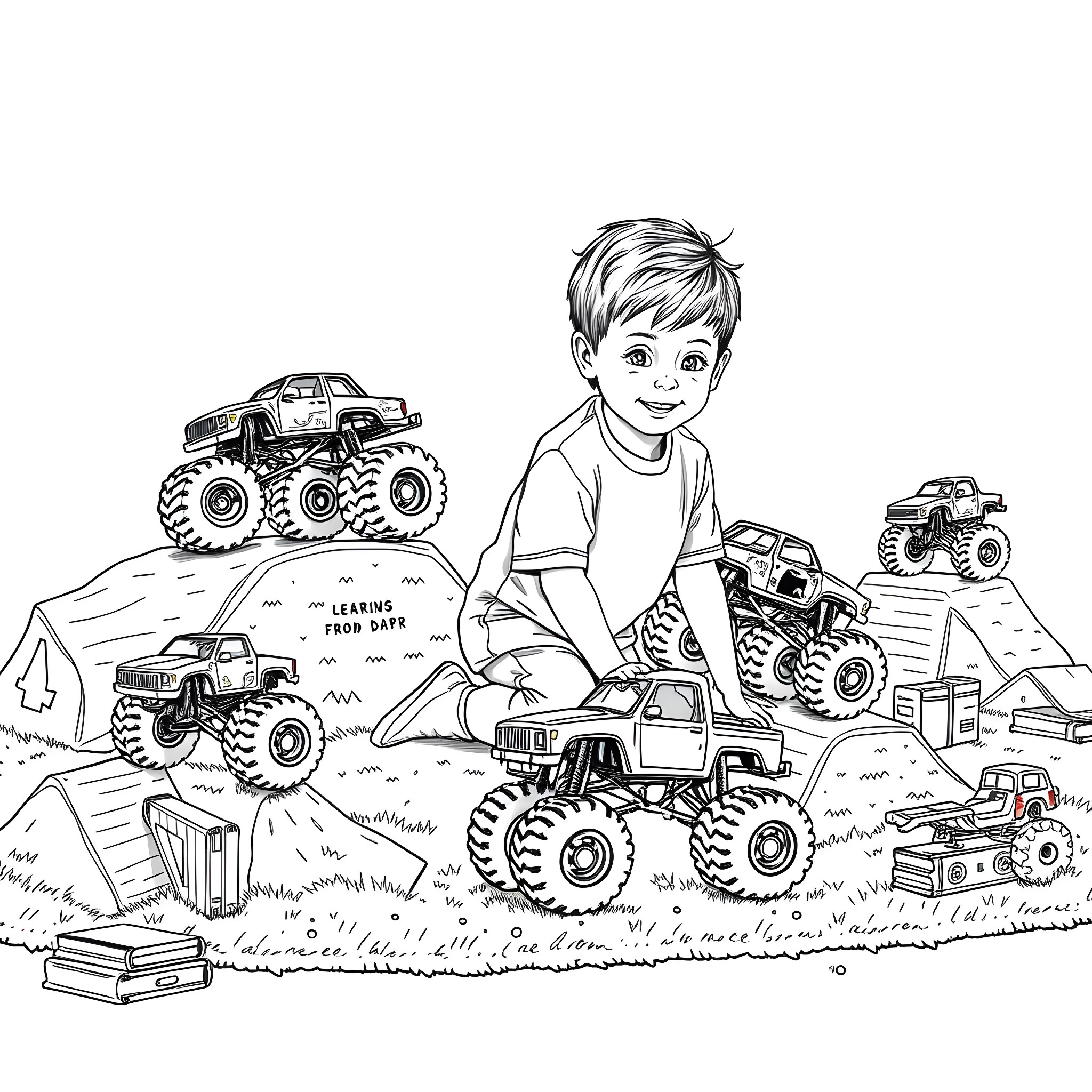 Monster Truck Fun with Enthusiastic Boy Coloring Page (free black-and-white line drawing printable PDF for all, from beginners to advanced learners, including children, teens, adults, and seniors)