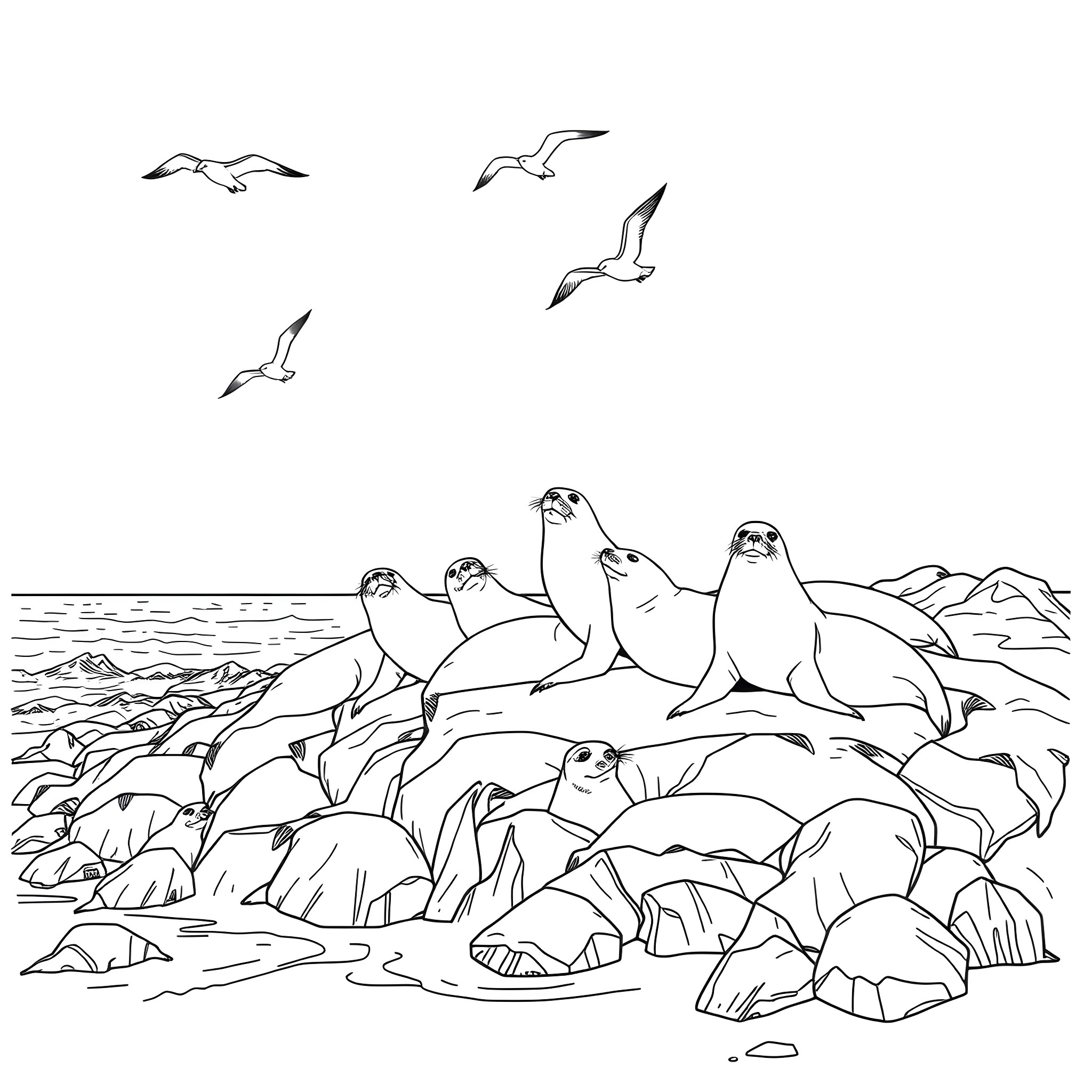 Seal colony resting on the shore Coloring Page (free black-and-white line drawing printable PDF for all, from beginners to advanced learners, including children, teens, adults, and seniors)