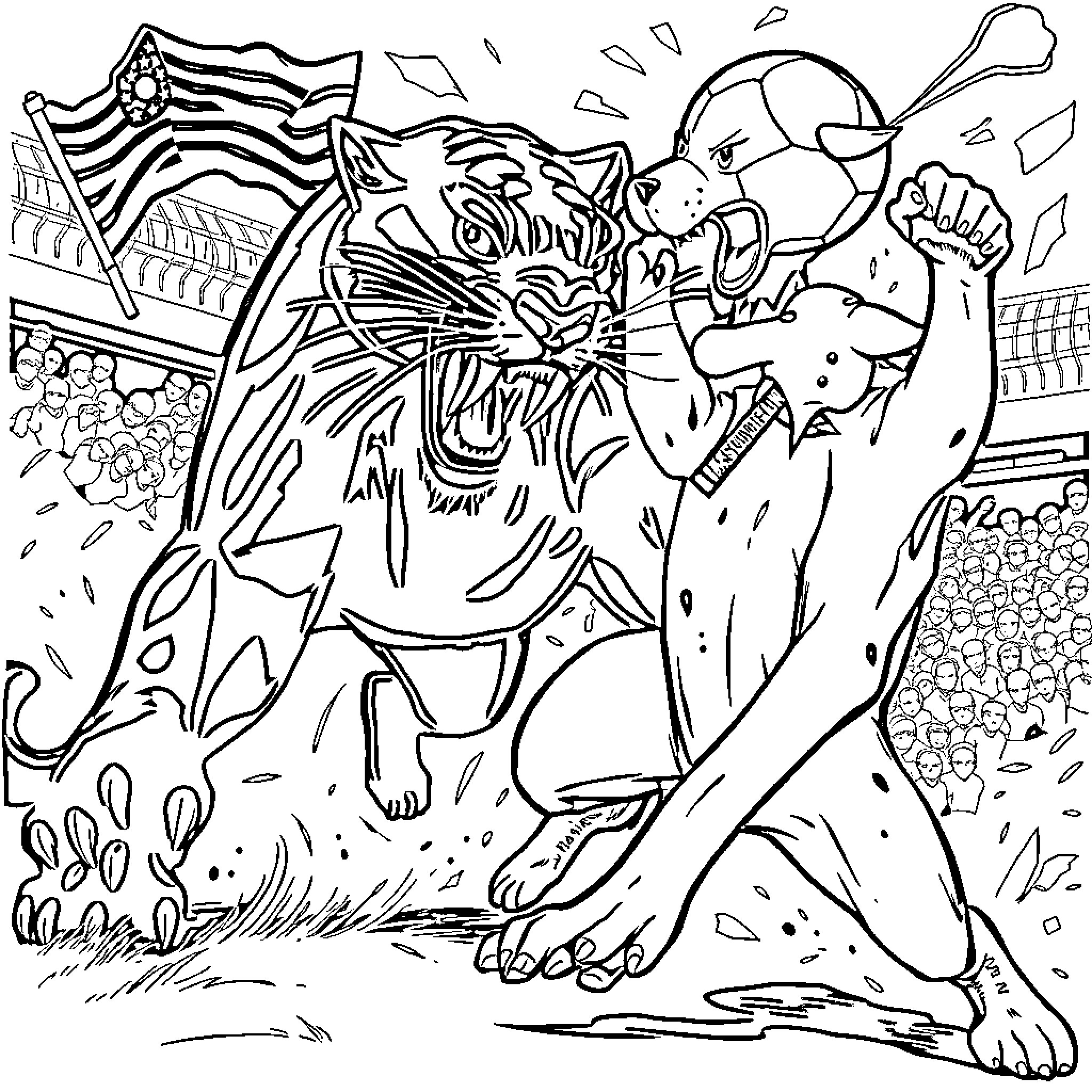 Panther Roaring Fiercely on the Battlefield Coloring Page (free black-and-white line drawing printable PDF for all, from beginners to advanced learners, including children, teens, adults, and seniors)