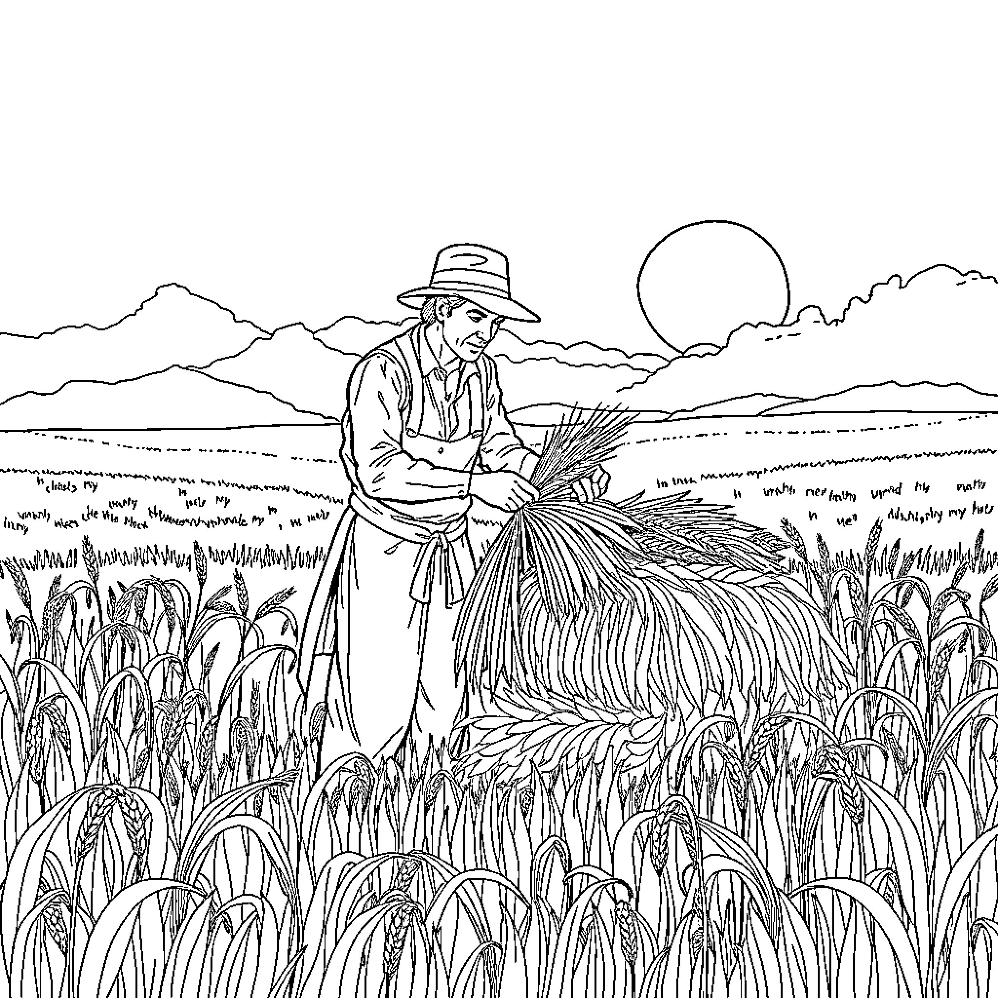 Man harvesting crops in a rural landscape Coloring Page (free black-and-white line drawing printable PDF for all, from beginners to advanced learners, including children, teens, adults, and seniors)